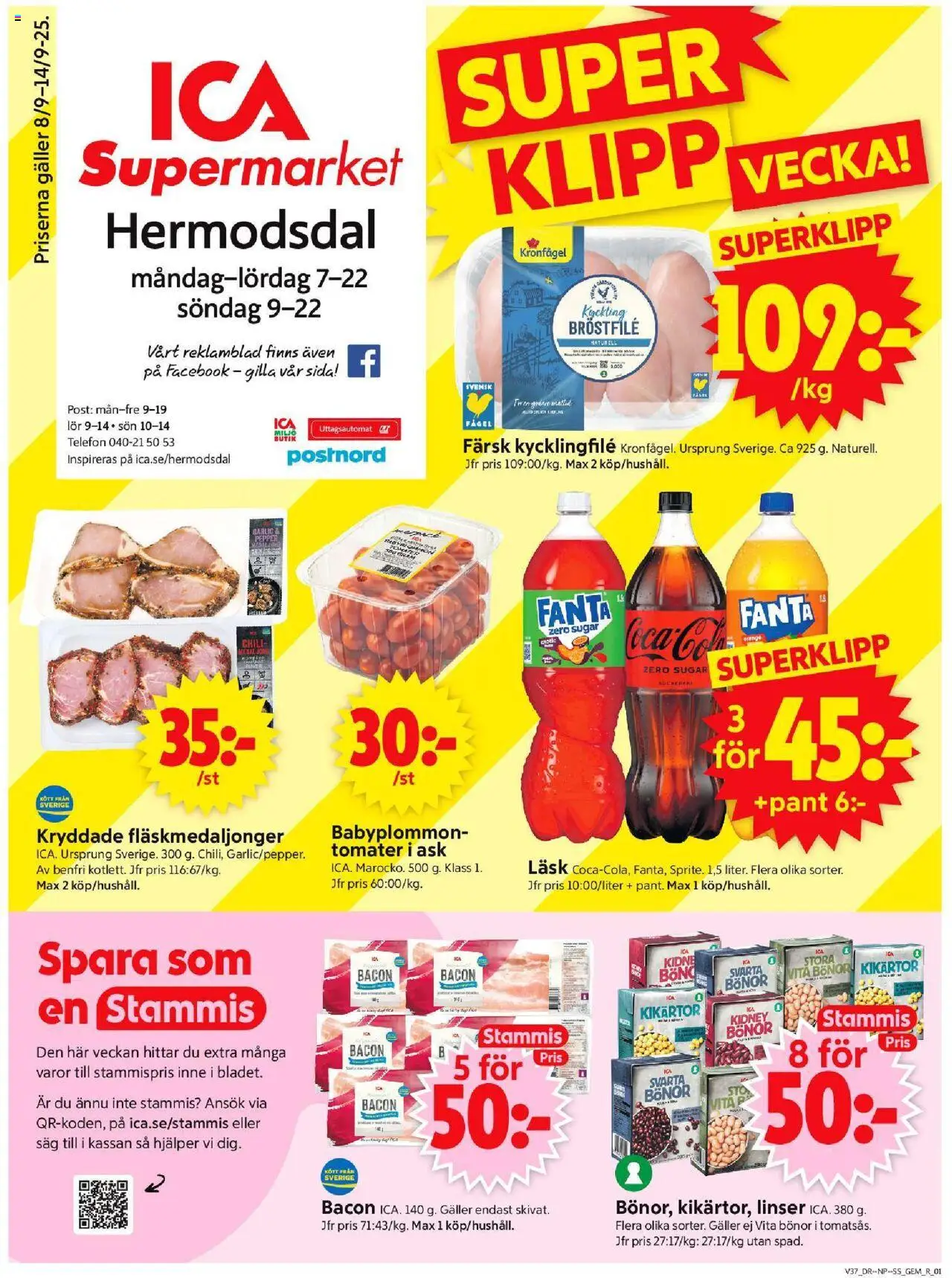 ICA Supermarket reklamblad aktuell från 08.09.2025 | Sida: 1 | Produkter: Såg, Galler, Fanta, Bönor