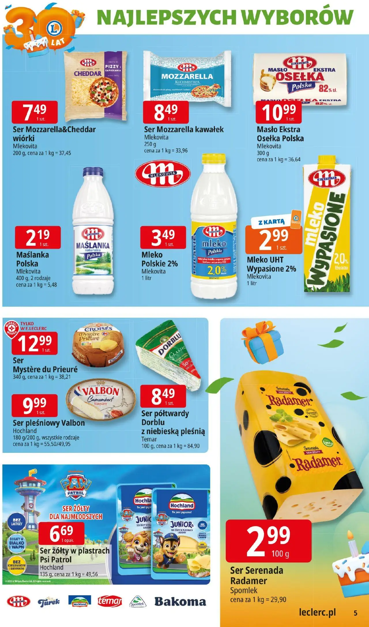 E.Leclerc Gazetka od 22.09.2025 | Strona: 5 | Produkty: Ser żółty, Osełka, Mleko, Mozzarella