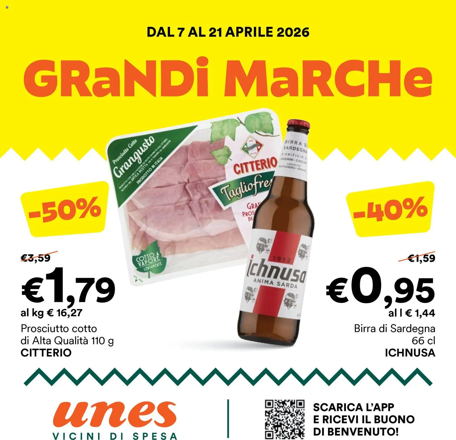 Volantino Unes del 06.04.2026 | Pagina: 1 | Prodotti: Prosciutto Cotto, Birra, Prosciutto