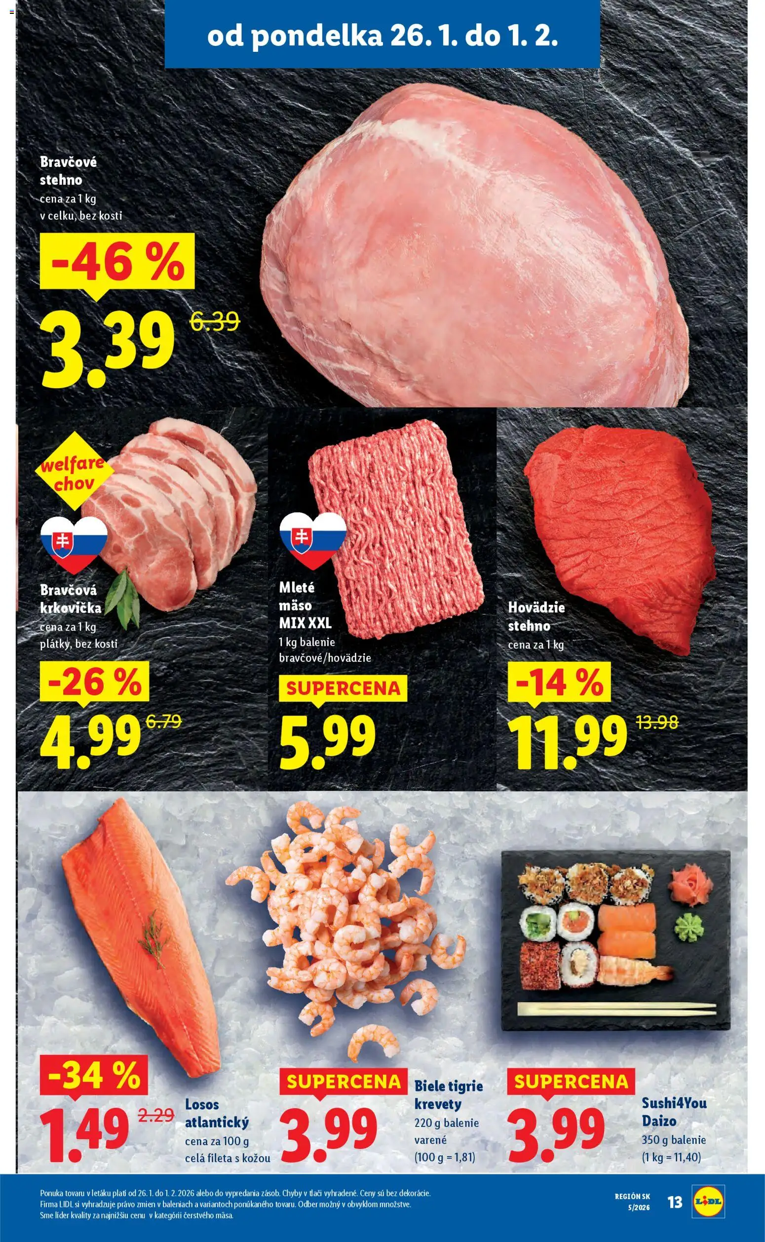 Nové Lidl akcie – leták je platný od 26.01.2026 | Strana: 13 | Produkty: Bravčová krkovička, Bravčové stehno, Krkovička, Sushi