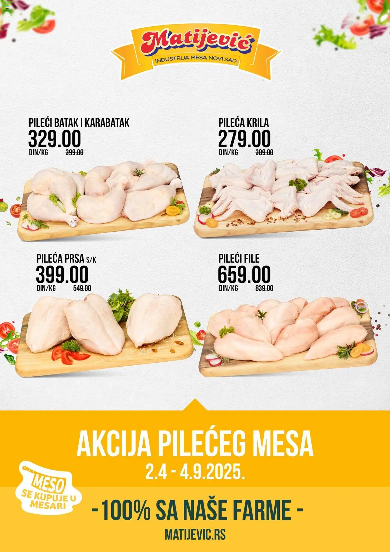 Matijevic katalog - važi od 02.09.2025 | Strana: 1 | Proizvode: Pileća prsa, Pileći file, Pileći batak