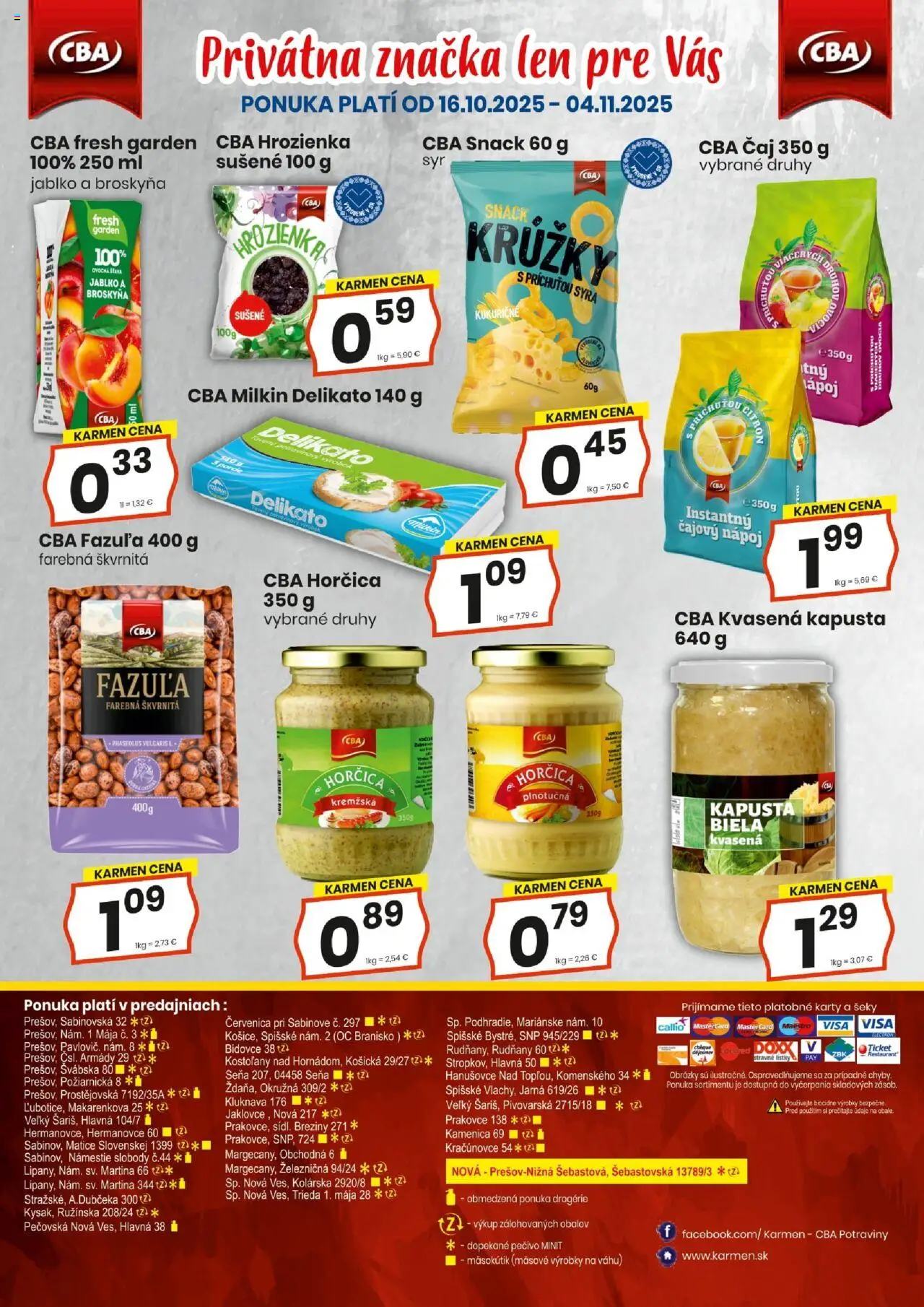Nové KARMEN CBA akcie – leták je platný od 16.10.2025 | Strana: 16 | Produkty: Kapusta, Čaj, Hrozienka