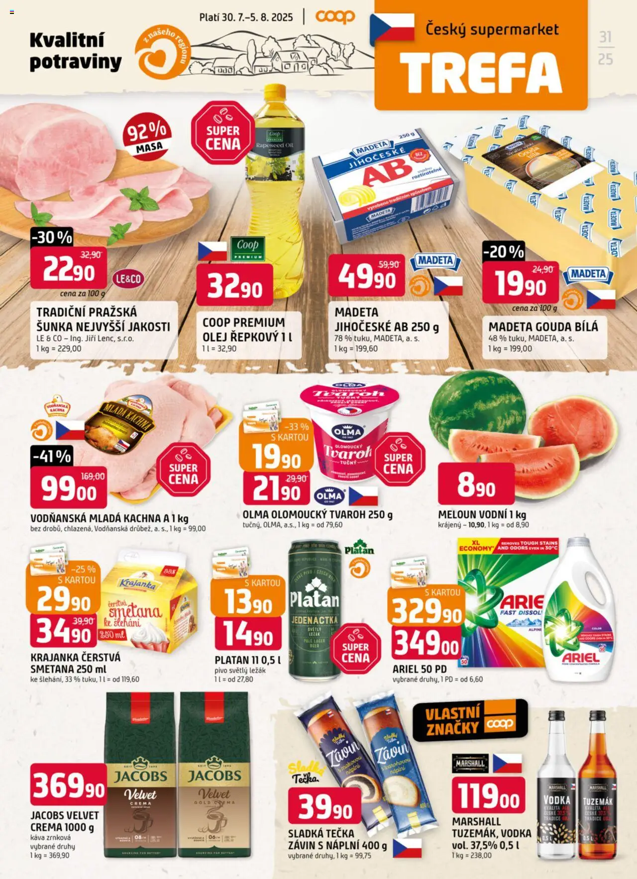 Trefa leták od 30.07.2025 | Strana: 1 | Produkty: Meloun, Pivo, Kachna, Tuzemák