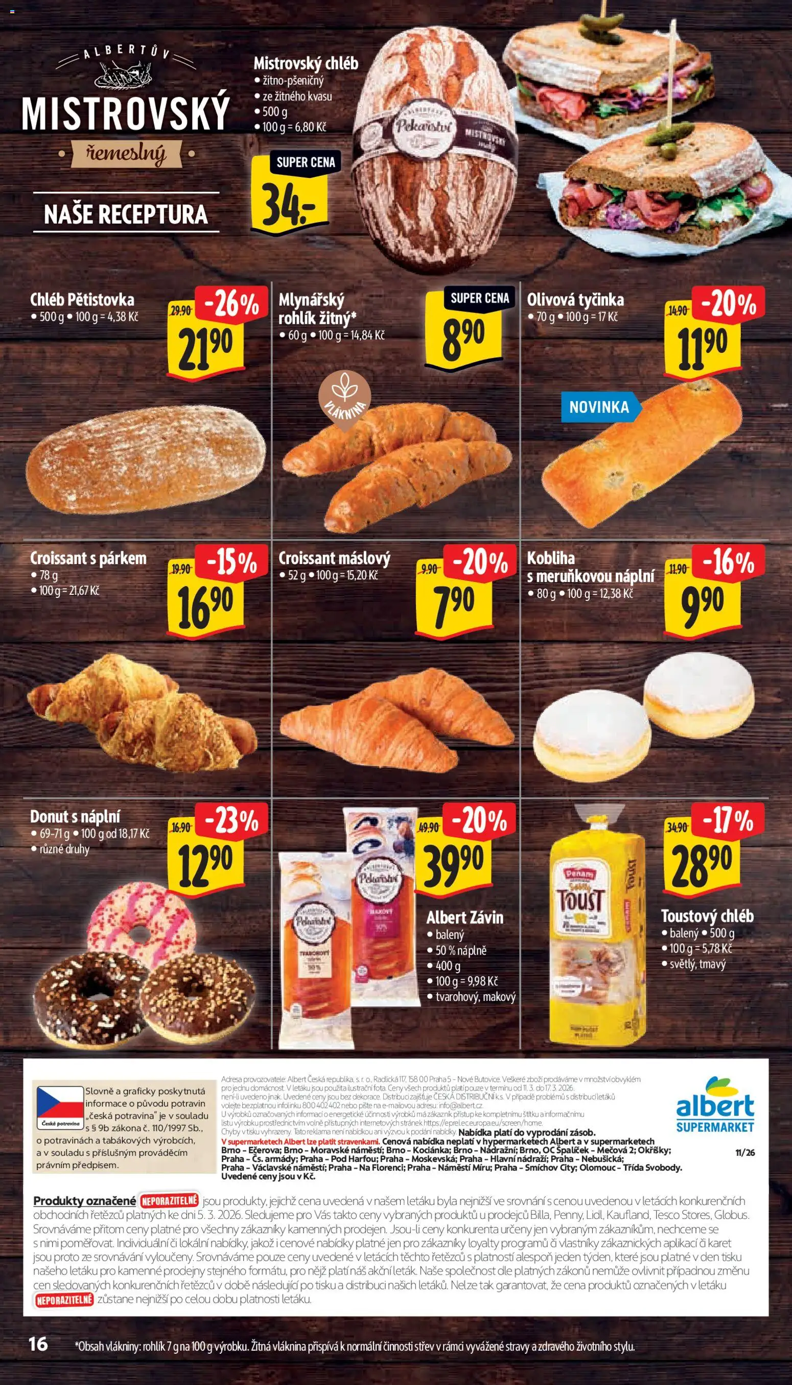 Albert leták - Supermarket od 11.03.2026 | Strana: 24 | Produkty: Donut, Chléb, Mistrovský chléb, Toustový chléb