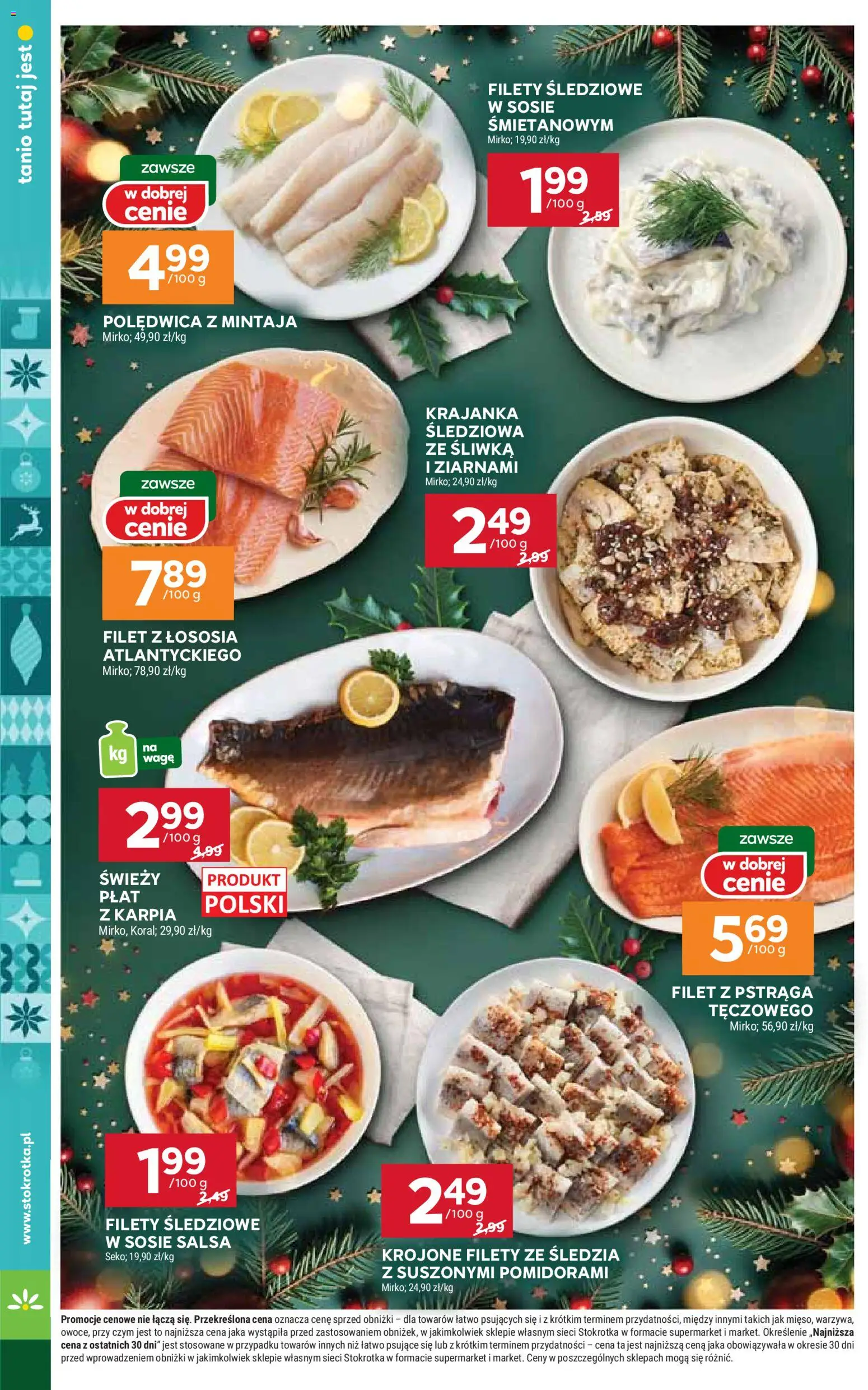 Stokrotka Gazetka od 11.12.2025 | Strona: 34 | Produkty: Stokrotka, Filety śledziowe w sosie śmietanowym, Polędwica z mintaja, Filet z łososia