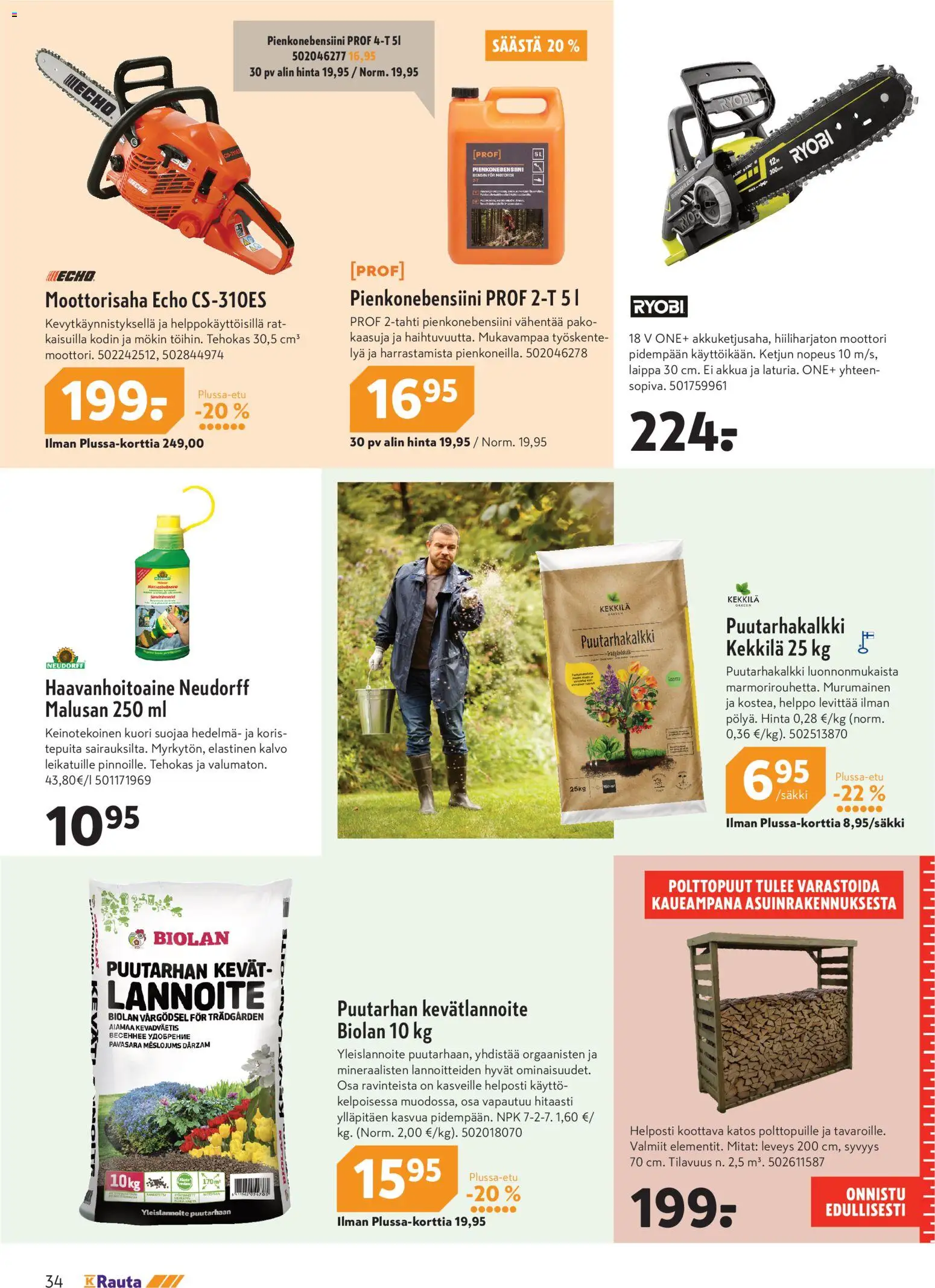 K-Rauta tarjoukset – voimassa 04.03.2026 alkaen | Sivu: 34 | Tuotteet: Moottorisaha, Polttopuut, Lannoite
