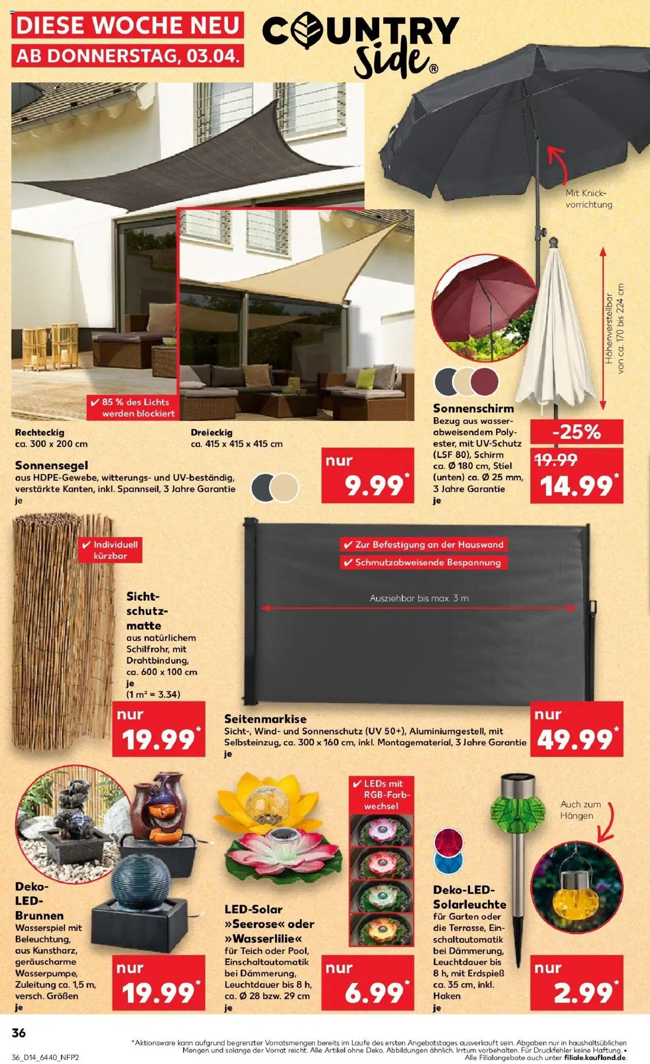 Kaufland - Dreieich-Sprendlingen, Robert-Bosch-Straße 15 - gültig ab dem 03.04.2025 | Seite: 36 | Produkte: Wasser, Solarleuchte, Sonnenschirm
