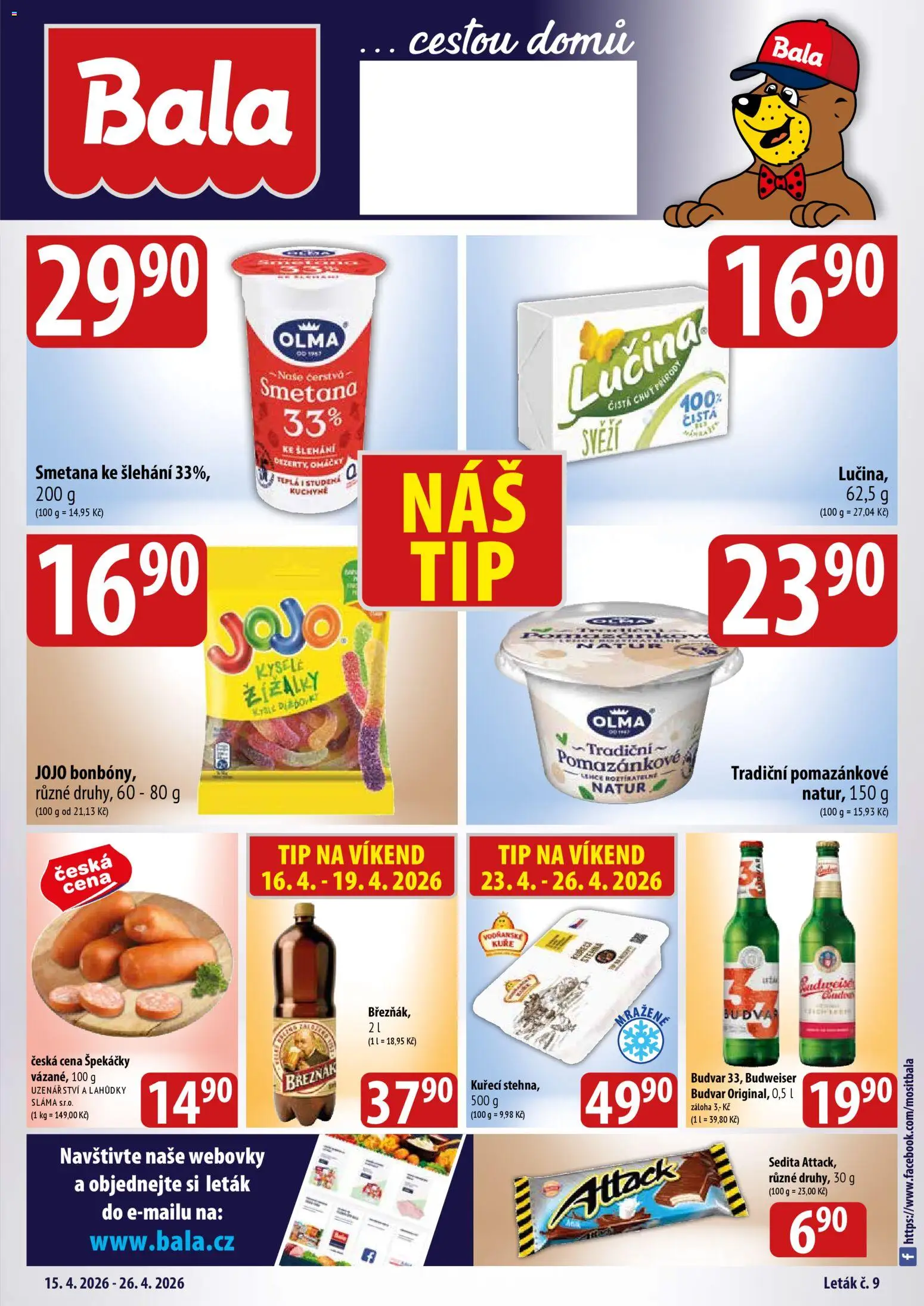 BALA velký leták od 15.04.2026 | Strana: 1 | Produkty: Jojo, Budvar, Smetana, Kuchyně