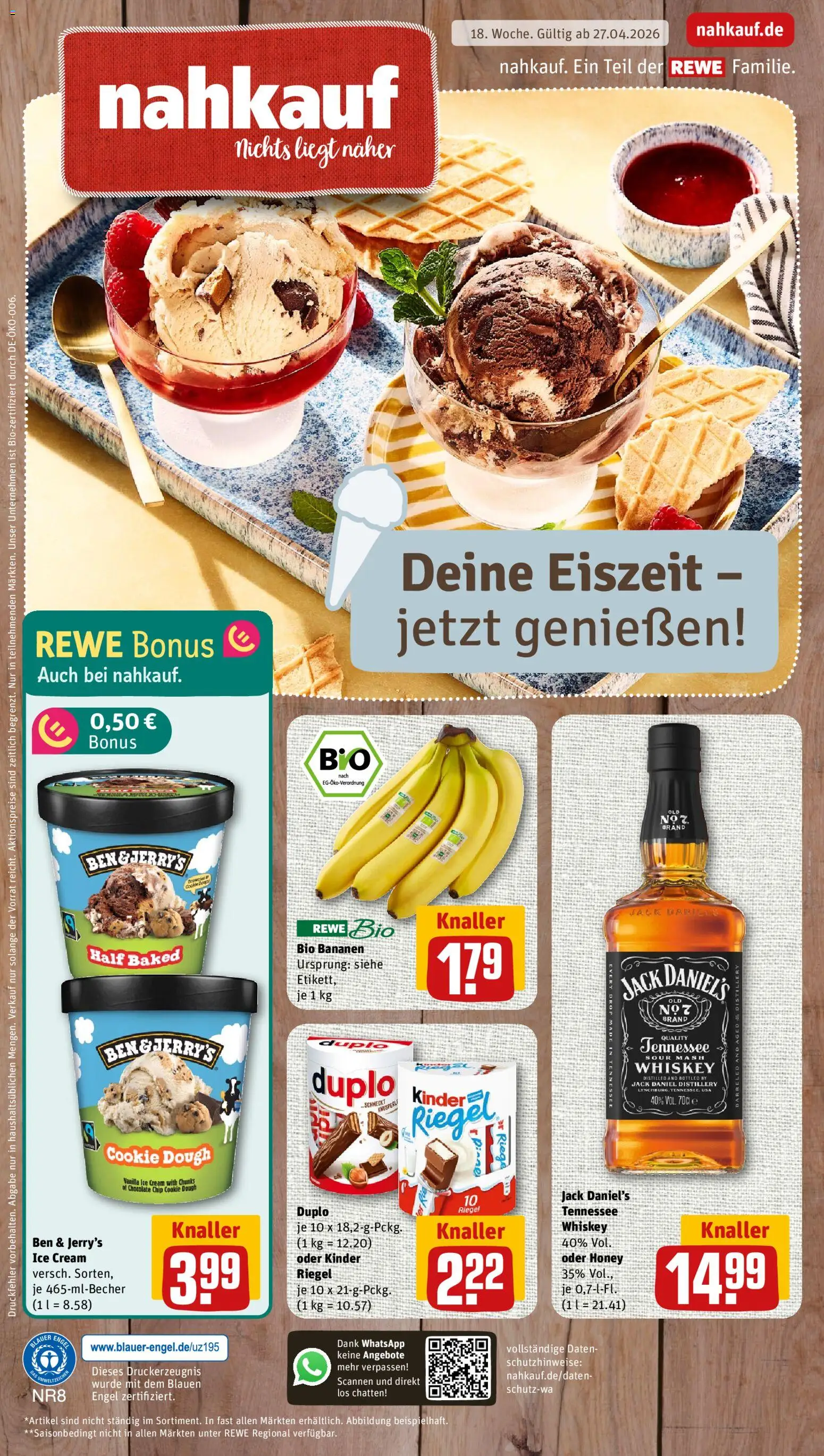 Nahkauf Prospekt – gültig ab 27.04.2026 | Seite: 1 | Produkte: Bananen, Jack Daniel's, Ben & Jerry's, Whiskey