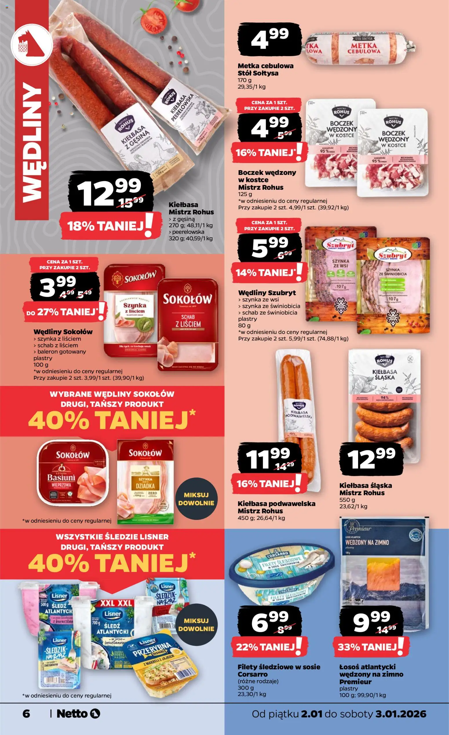Netto gazetka - Spożywcza od 02.01.2026 | Strona: 6 | Produkty: Schab, Łosoś atlantycki, Szynka wieprzowa, Stół
