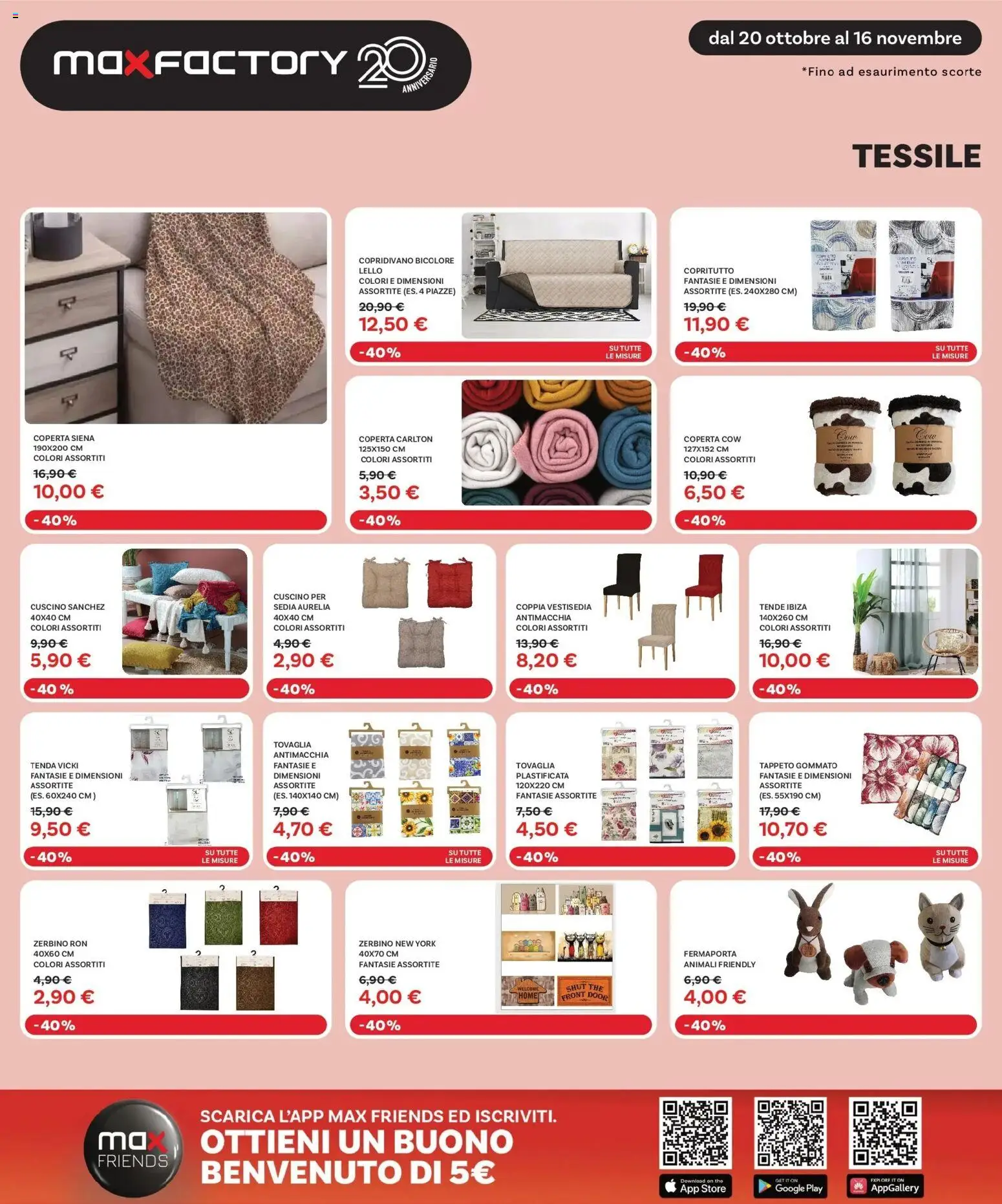 Volantino Max Factory del 20.10.2025 | Pagina: 20 | Prodotti: Fermaporta, Copridivano, Cuscino, Tappeto