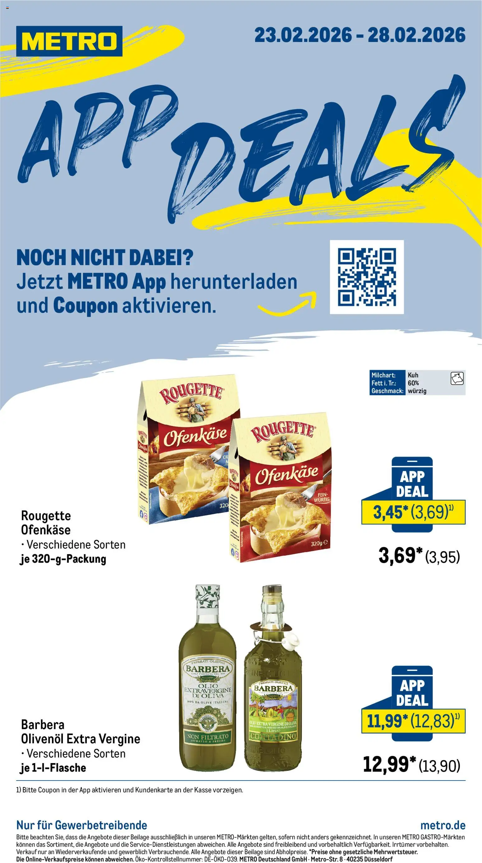Metro App-Deals – gültig ab 23.02.2026 | Seite: 1 | Produkte: Olivenol, Rougette ofenkase
