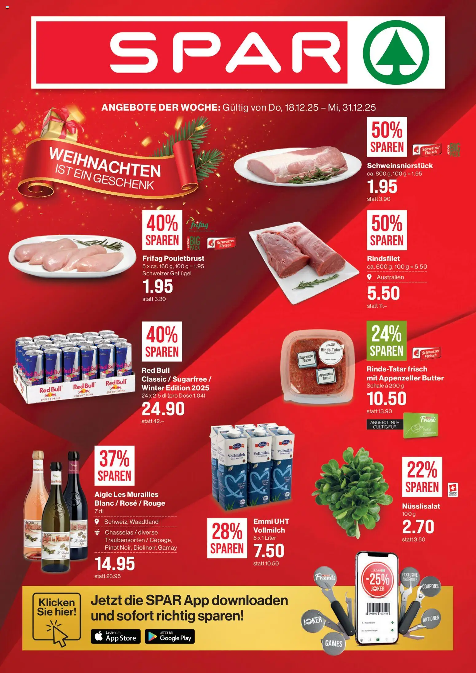 SPAR Aktionen – gültig ab 18.12.2025 | Seite: 1 | Produkte: Red bull, Pouletbrust, Rouge, Butter