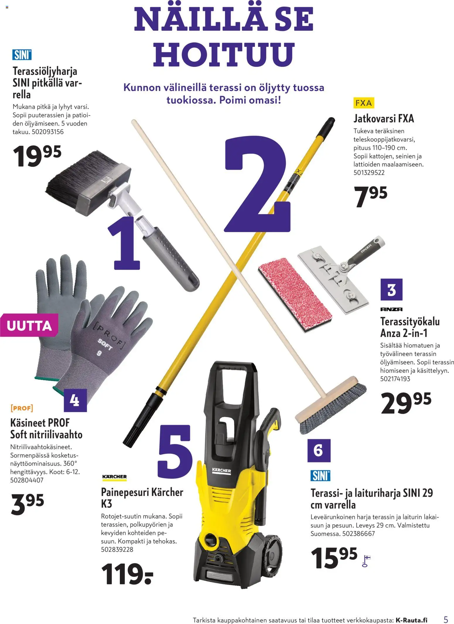 K-Rauta tarjoukset – voimassa 15.04.2026 alkaen | Sivu: 5 | Tuotteet: Harja, Painepesuri, Käsineet