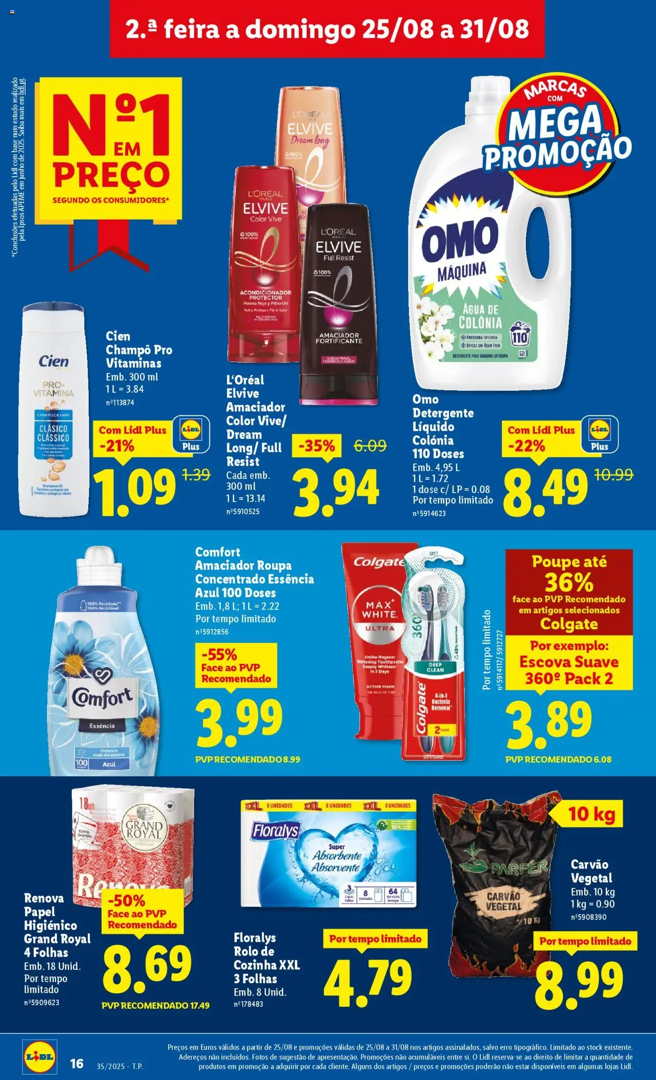 Lidl folheto │ válido de 25.08.2025 | Página: 16 | Produtos: Agua, Papel higiénico, Detergente, Carvão vegetal