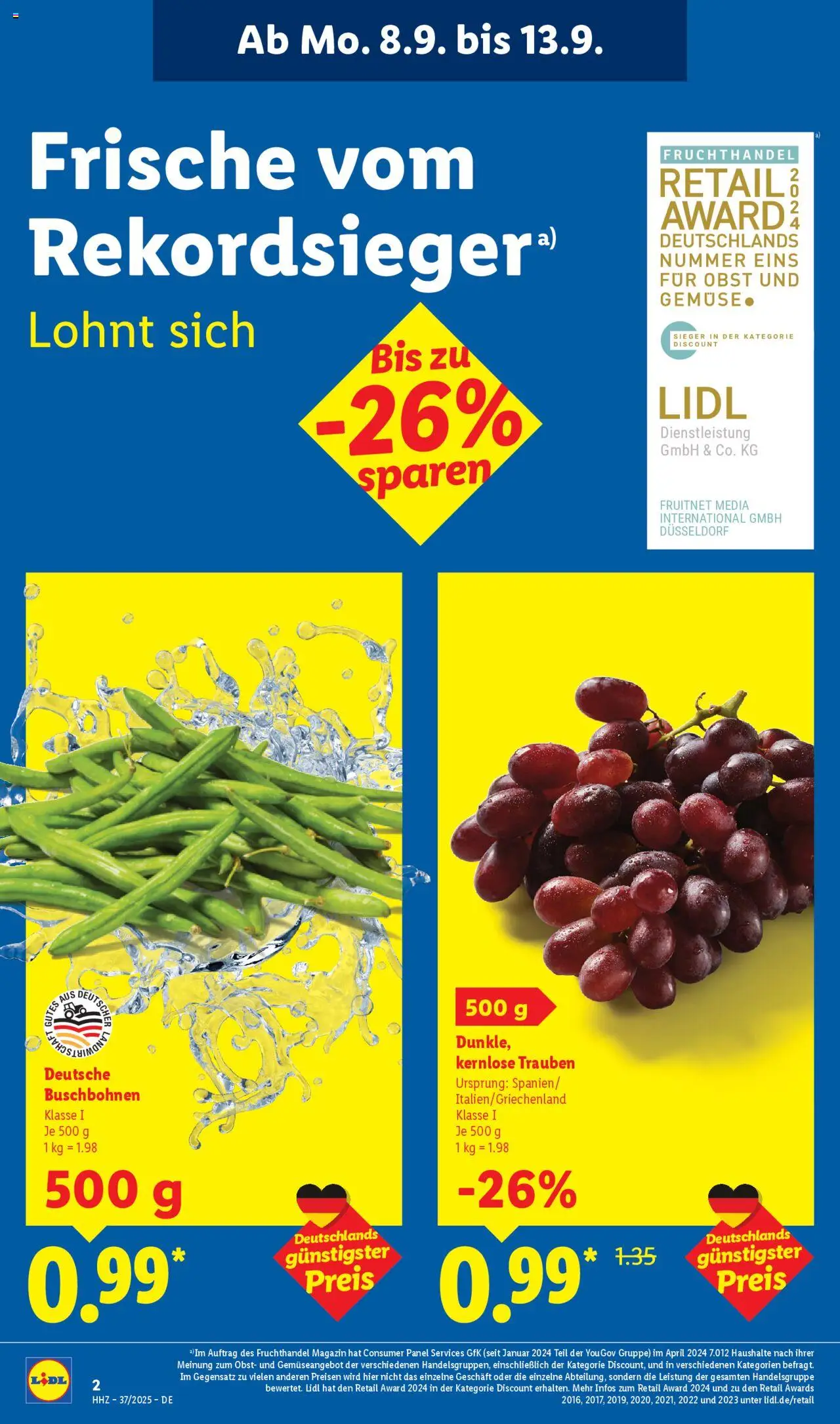 Lidl - Prospekt Düsseldorf – gültig ab 08.09.2025 | Seite: 2 | Produkte: Trauben, Gemüse, Obst