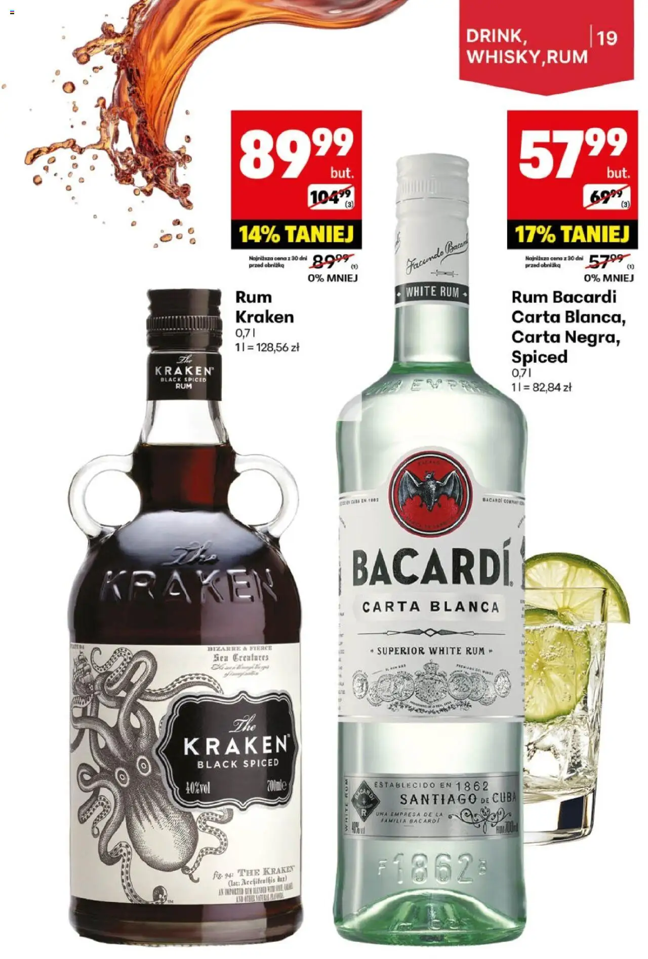 Delikatesy Centrum Gazetka alkoholowa od 26.05.2025 | Strona: 19 | Produkty: Rum Bacardi, Rum Kraken, Rum