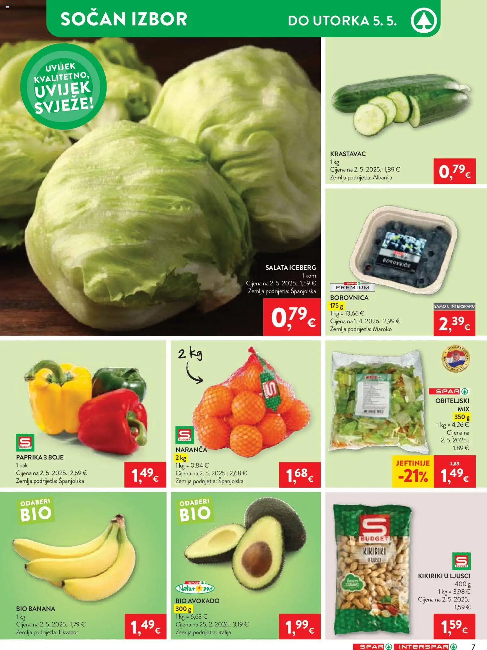 Spar katalog | vrijedi od 27.04.2026 | Stranica: 7 | Proizvodi: Paprika, Krastavac, Kikiriki, Borovnica