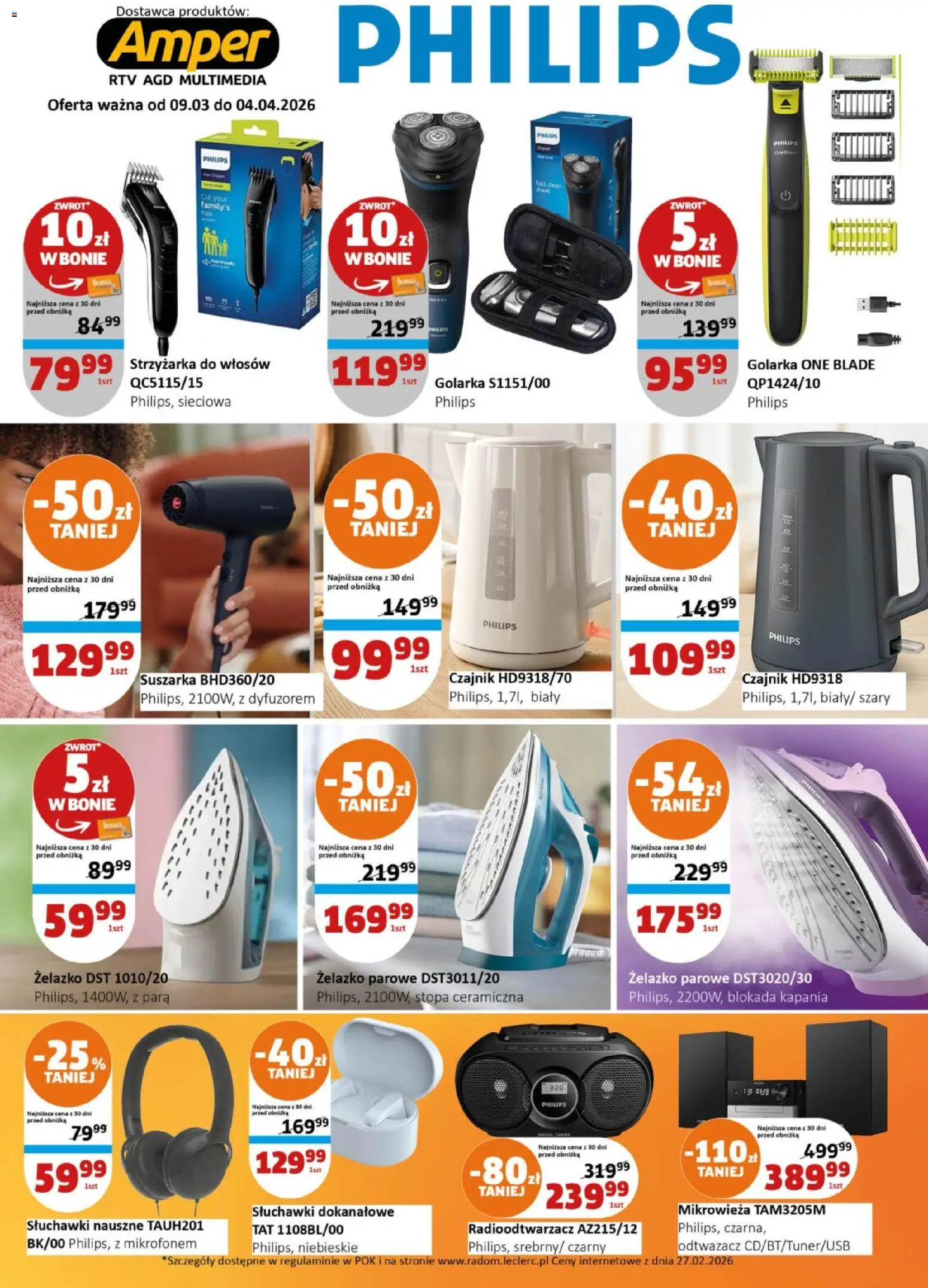 E.Leclerc gazetka - Radom od 09.03.2026 | Strona: 3 | Produkty: Słuchawki, Suszarka, Czajnik, Golarka