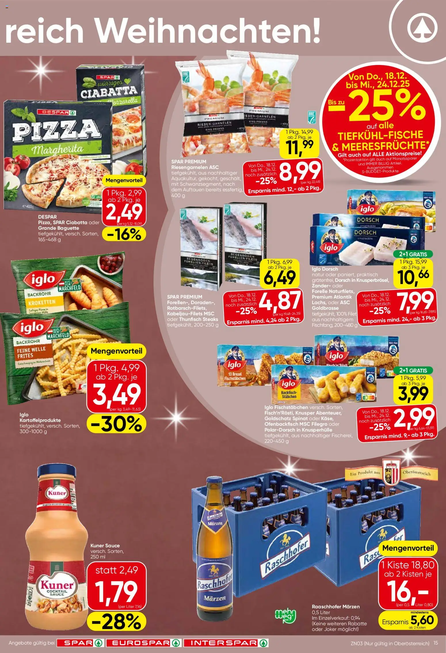 Spar Flugblatt - Oberösterreich gültig ab 18.12.2025 | Seite: 15 | Produkte: Meeresfrüchte, Jääkaappipakastin, Pizza