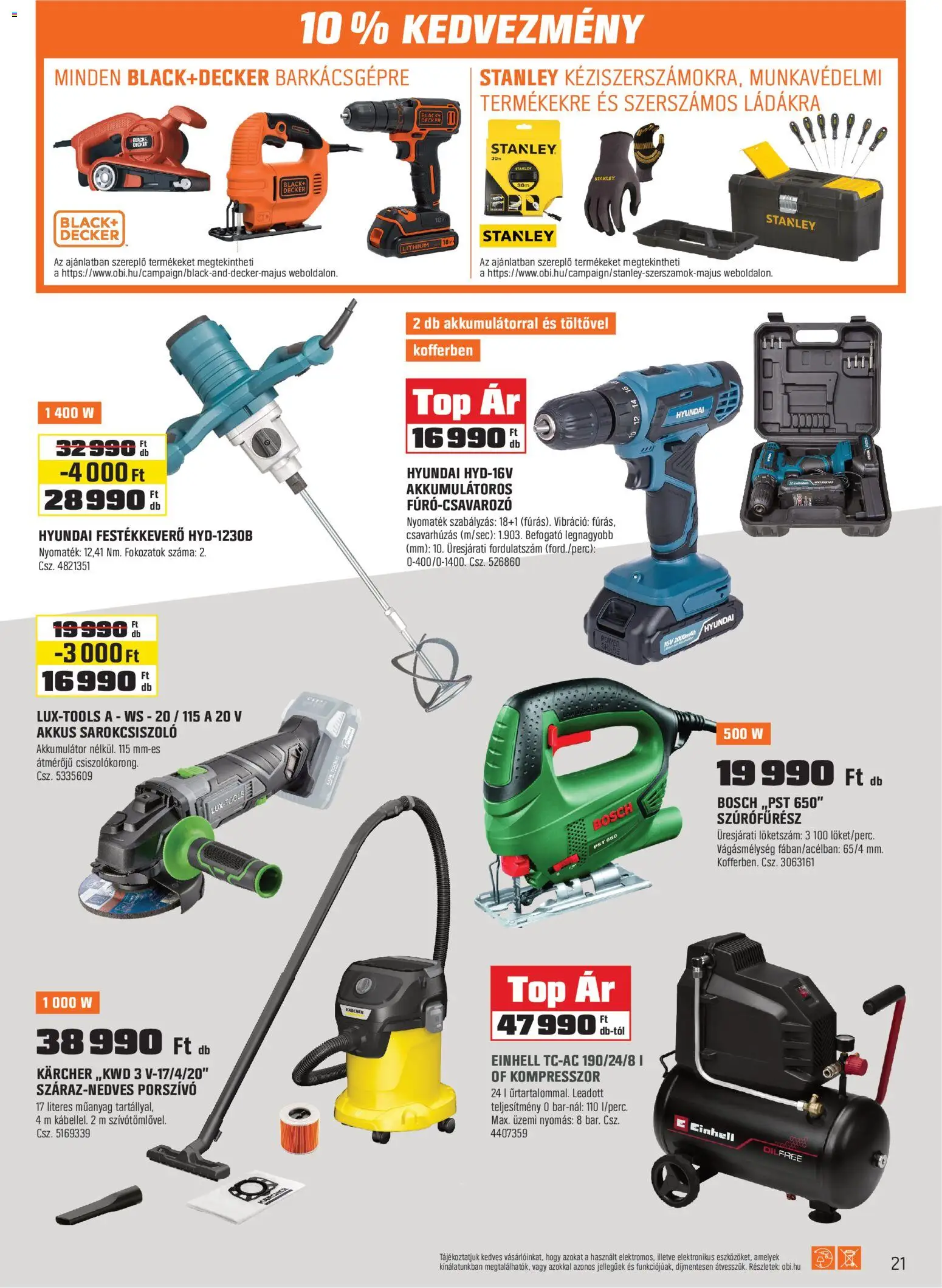 OBI akciós ujság - amely érvényes a következő dátumtól: 28.04.2026 | Oldal: 21 | Termékek: Kompresszor, Porszívó, Sarokcsiszoló, Akkumulátor