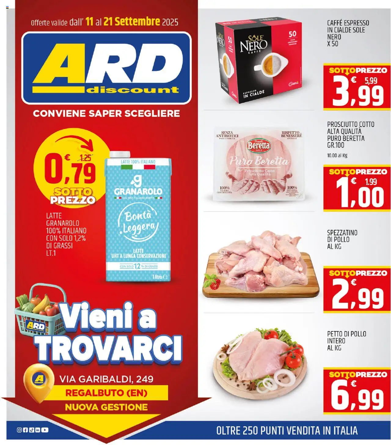 Volantino ARD Discount del 11.09.2025 | Pagina: 1 | Prodotti: Petto di Pollo, Caffè, Latte, Prosciutto