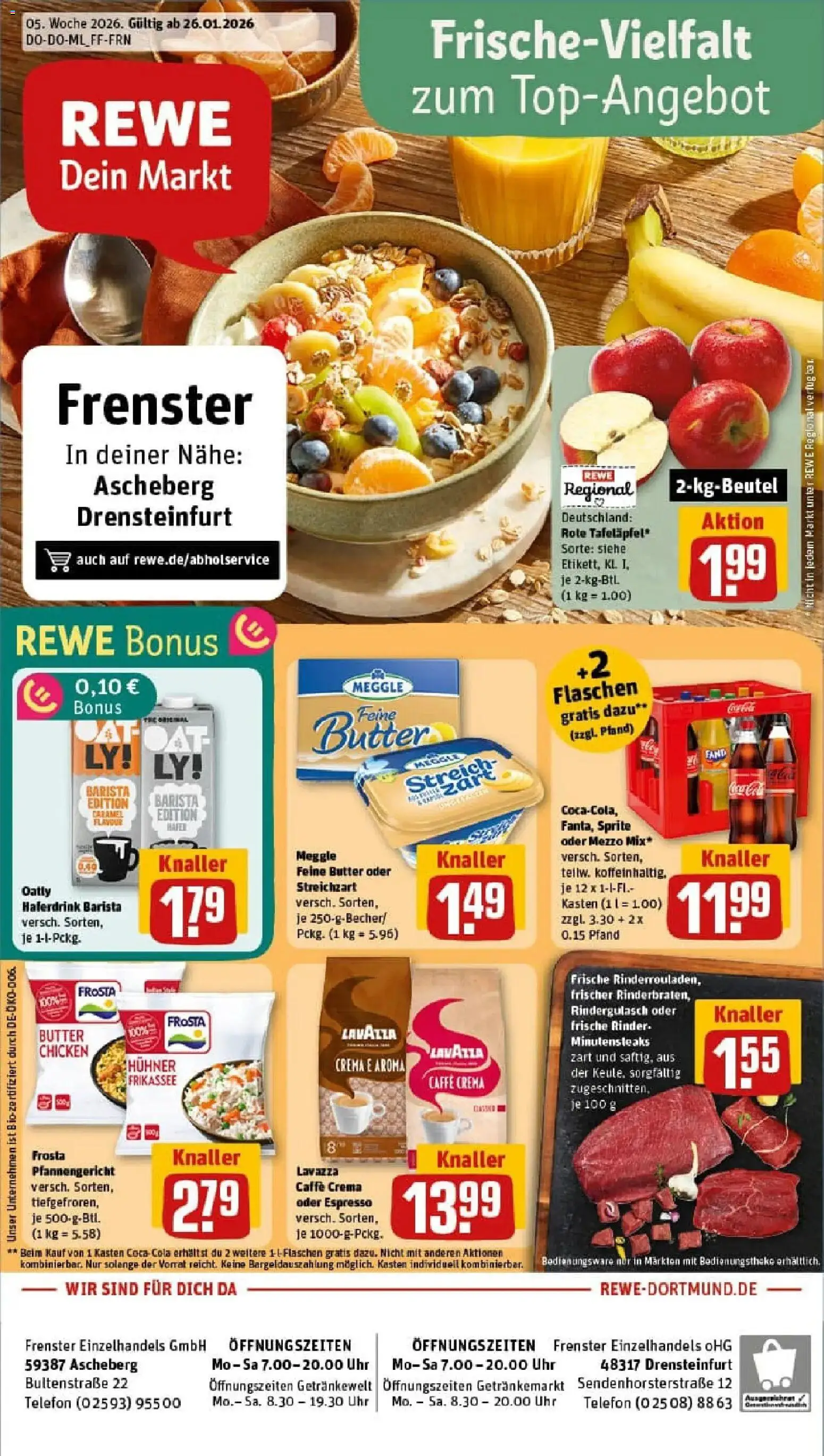 Rewe prospekt Ascheberg	 – gültig ab 26.01.2026 | Seite: 1 | Produkte: Rindergulasch, Lavazza, Haferdrink, Oatly