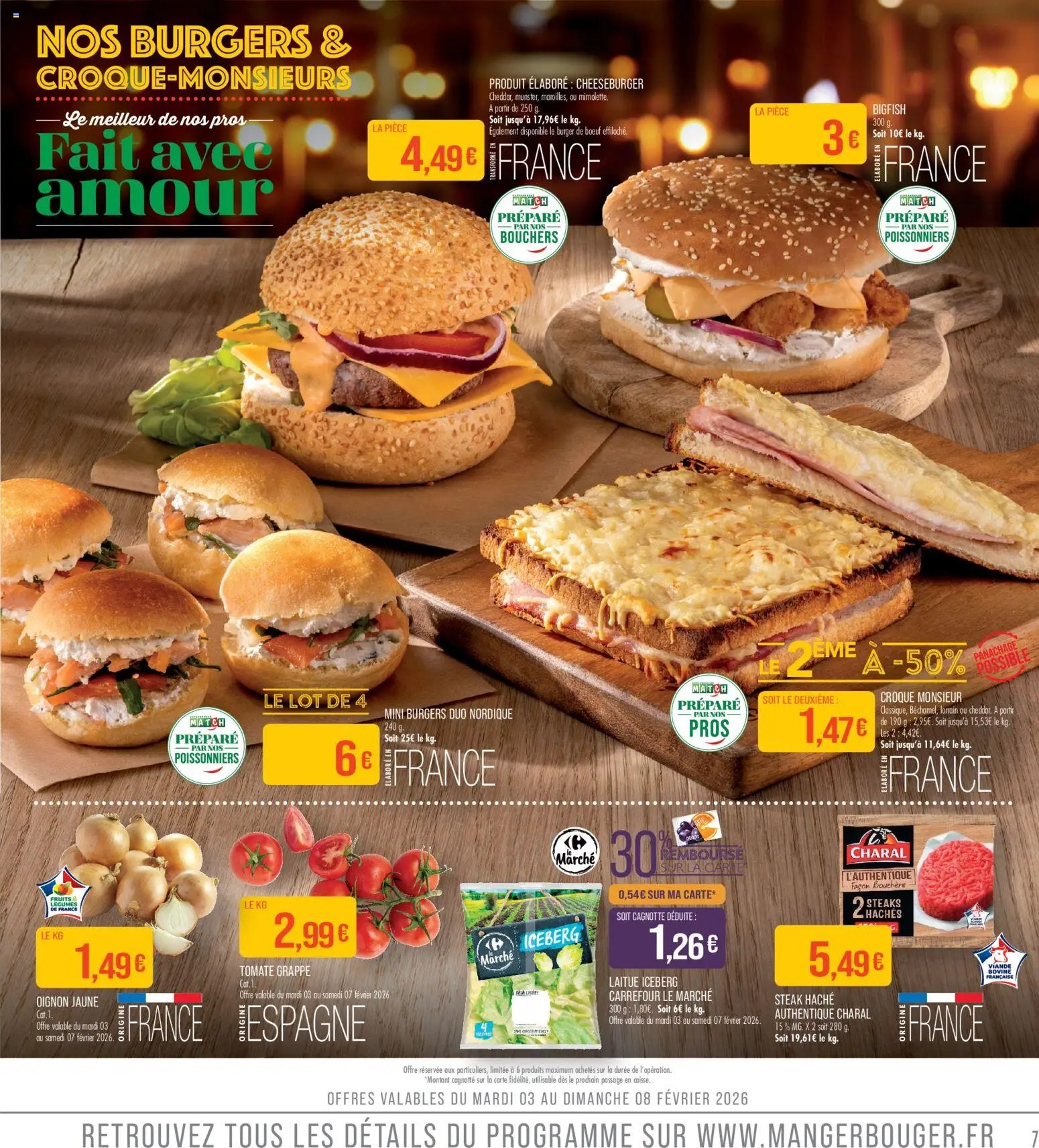 {H1} | Page: 7 | Produits: Tomate grappe, Laitue, Oignon, Mini burgers