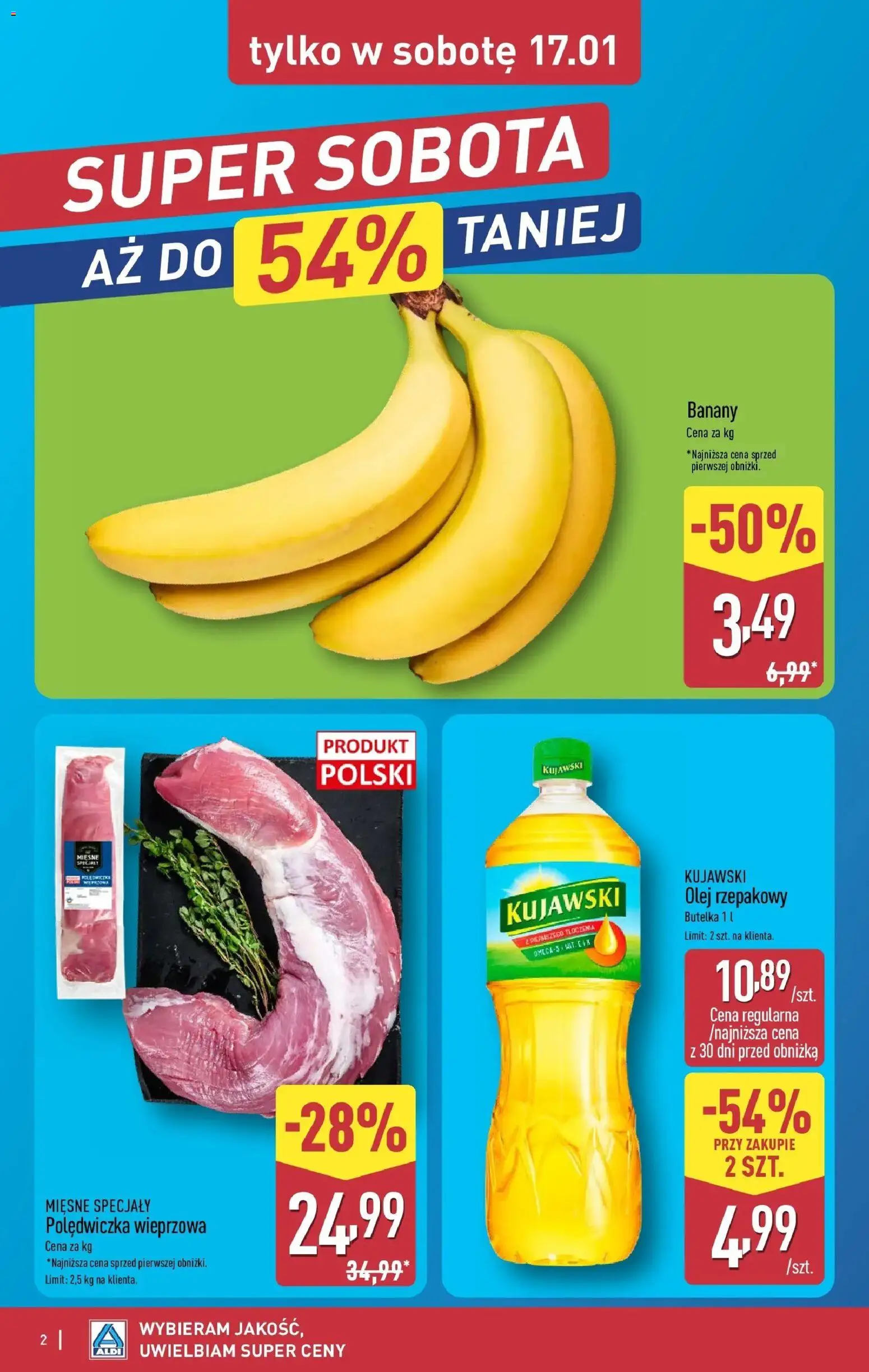 Aldi Gazetka - Okazje na weekend od 15.01.2026 | Strona: 2 | Produkty: Olej rzepakowy, Polędwiczka wieprzowa, Olej, Banany