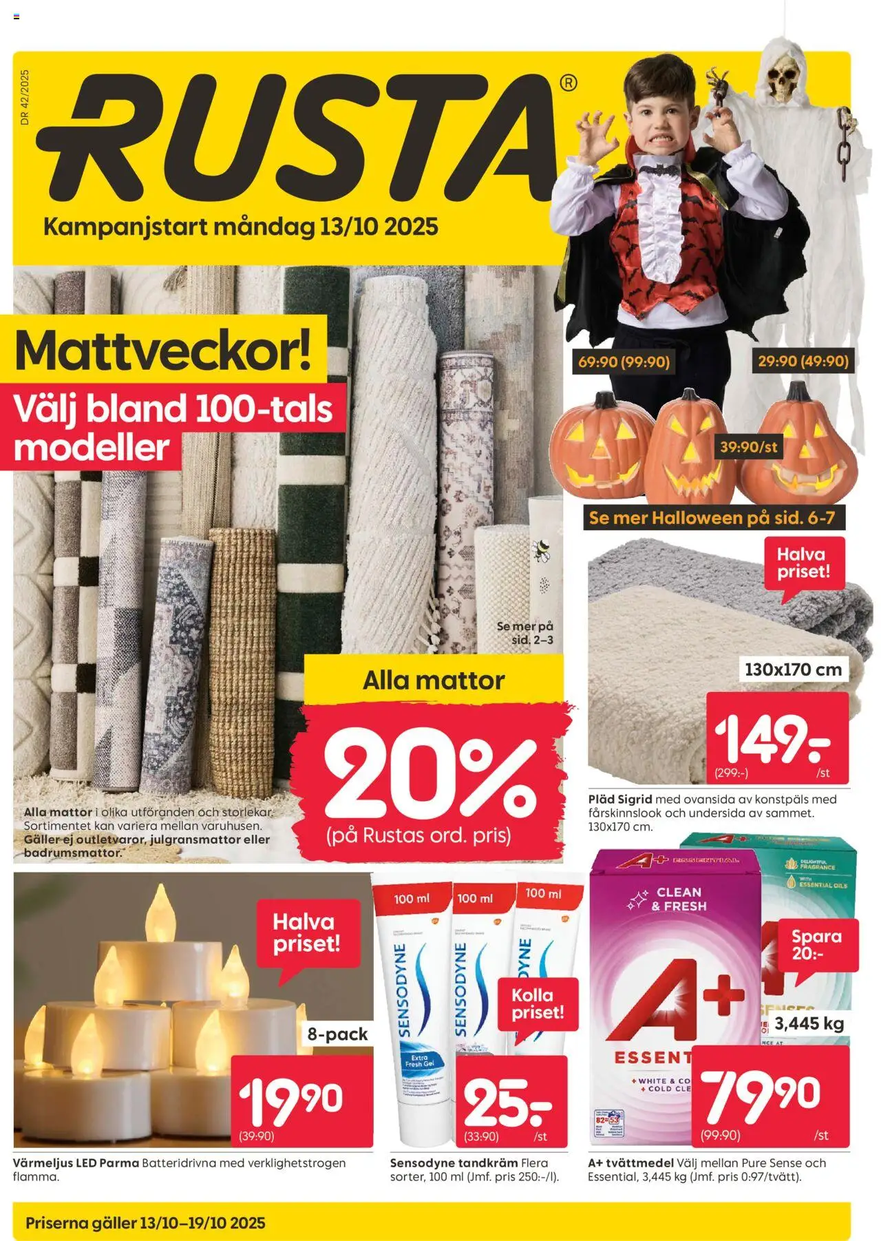 Rusta reklamblad aktuell från 13.10.2025 | Sida: 1 | Produkter: Pläd, Tandkräm, Tvättmedel, Galler