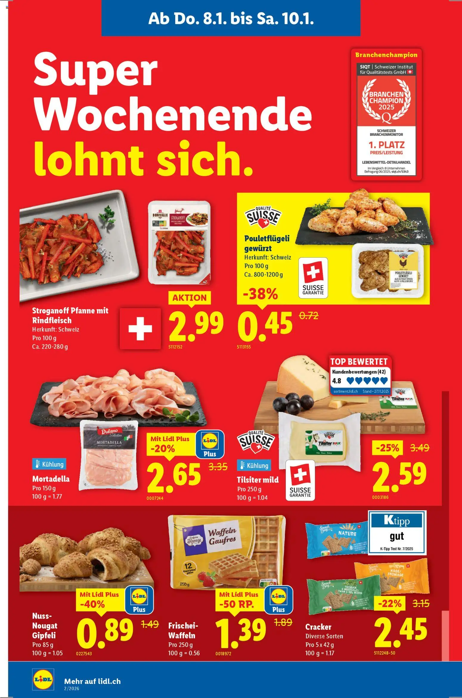 Lidl Aktionen – gültig ab 08.01.2026 | Seite: 2 | Produkte: Waffeln, Gipfeli, Rindfleisch, Top