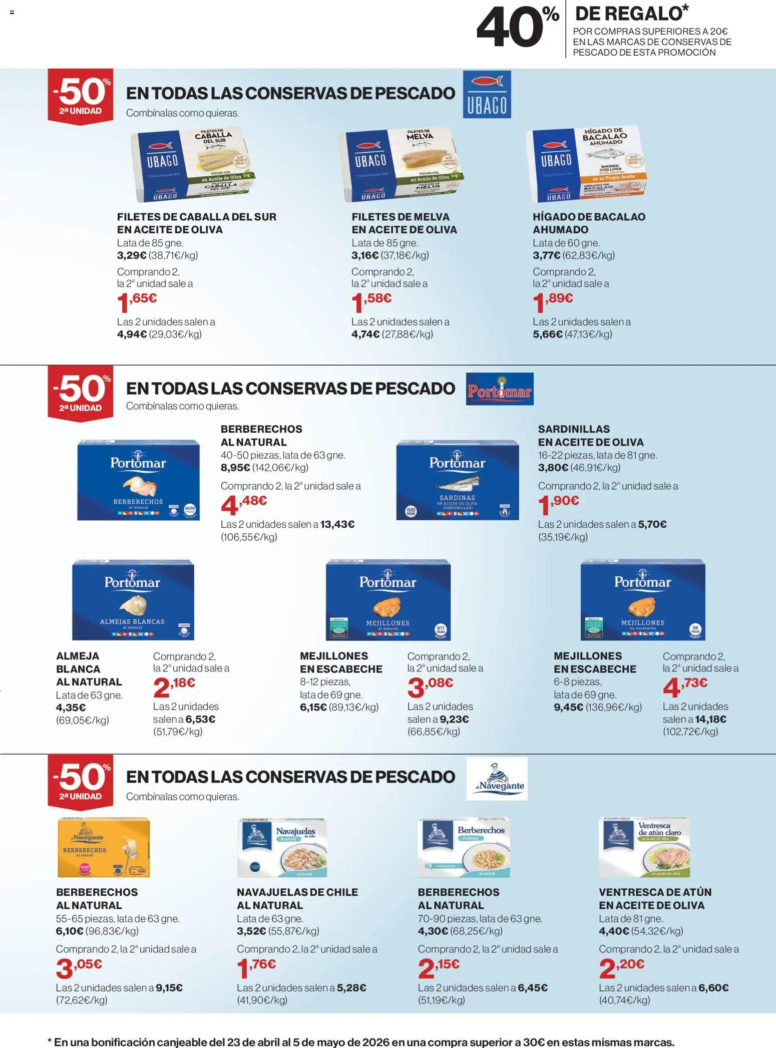 El Corte Inglés ofertas │ válido desde el 09.04.2026 | Página: 5 | Productos: Berberechos, Sardinillas, Aceite de oliva, Σταθμός εργασίας