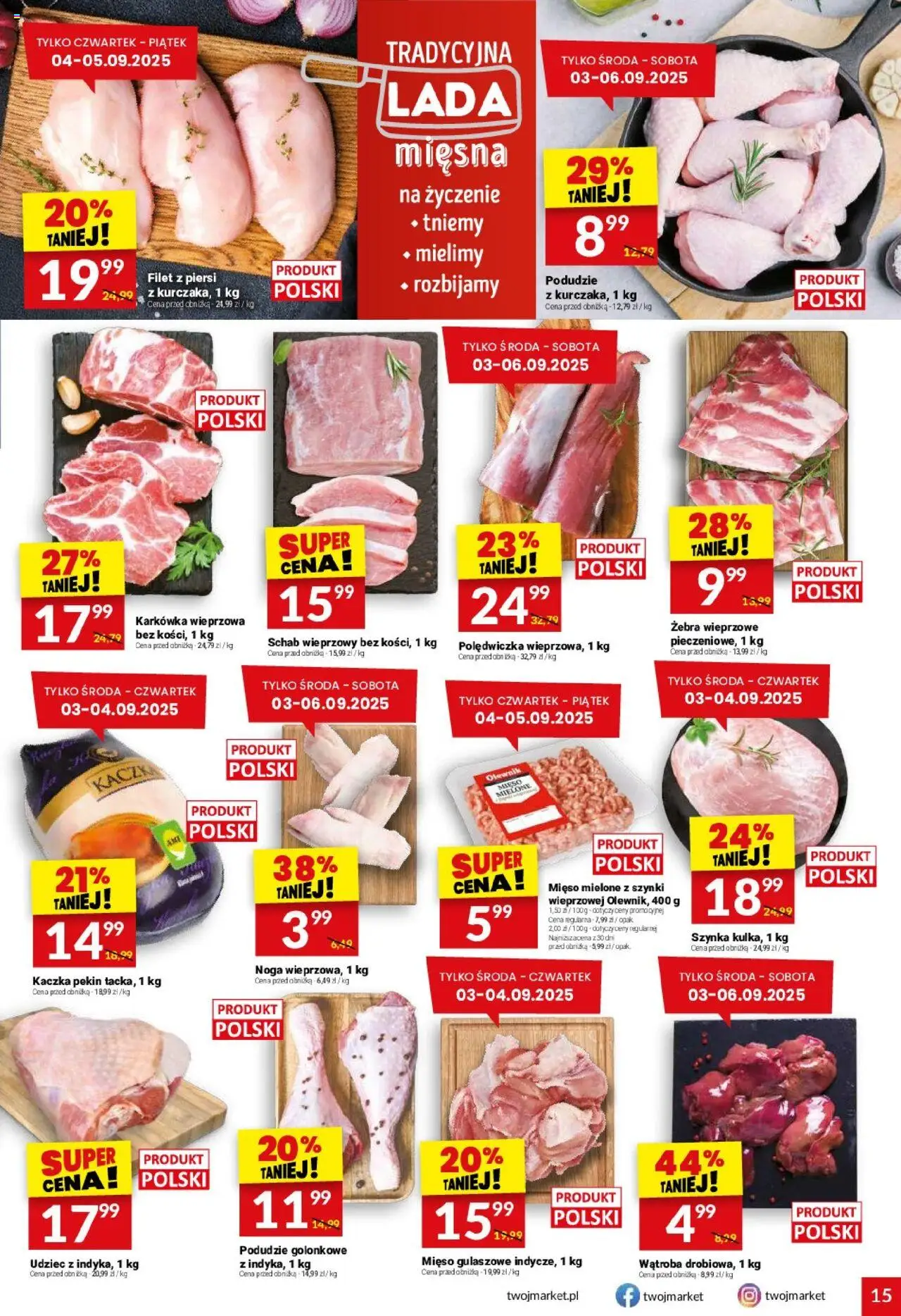 Twój Market Gazetka od 03.09.2025 | Strona: 15 | Produkty: Karkówka, Piersi, Mięso, Kaczka