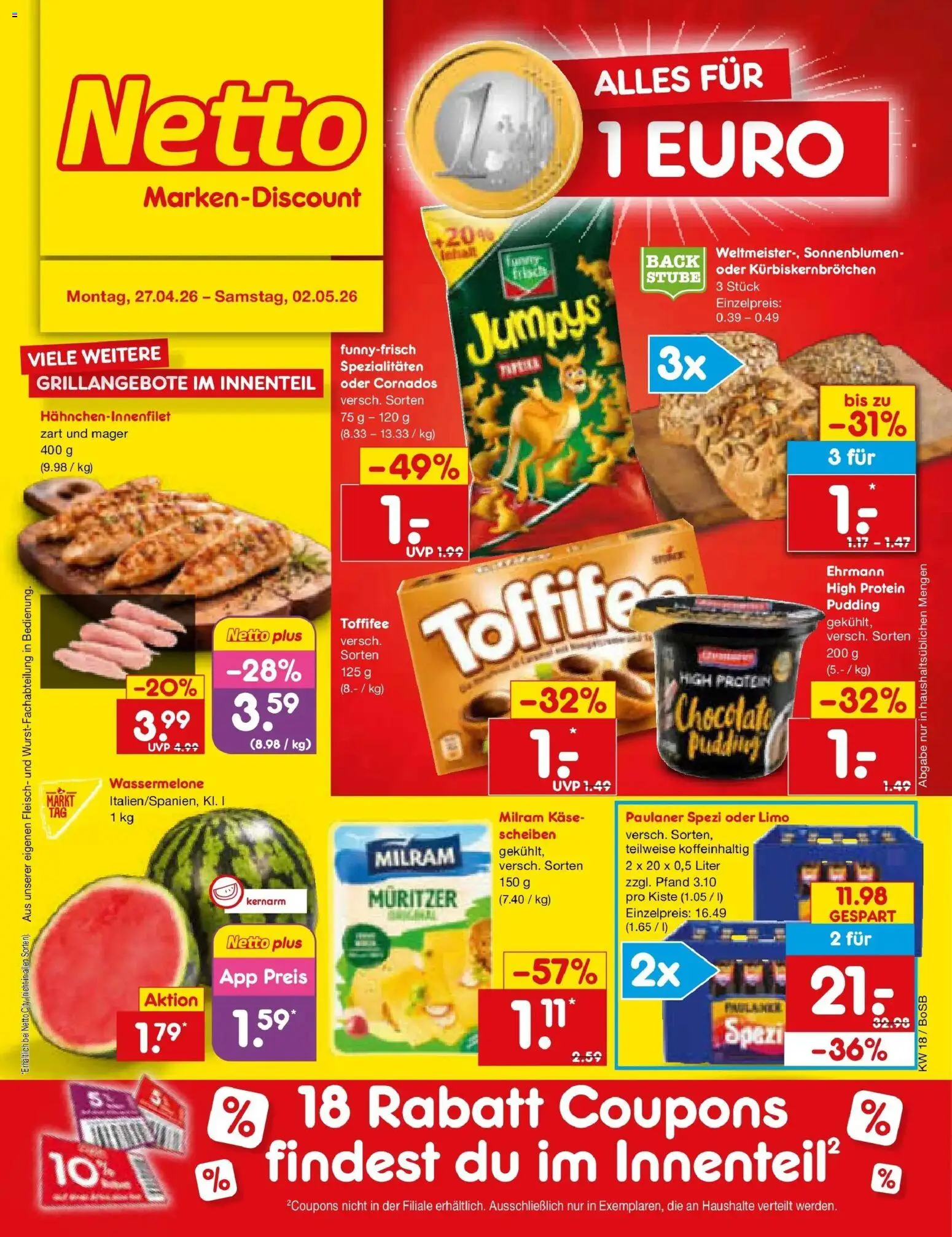 Netto Marken-Discount Prospekt Stadtlohn	 – gültig ab 27.04.2026 | Seite: 1 | Produkte: Paulaner spezi, Toffifee, Wassermelone, Fleisch