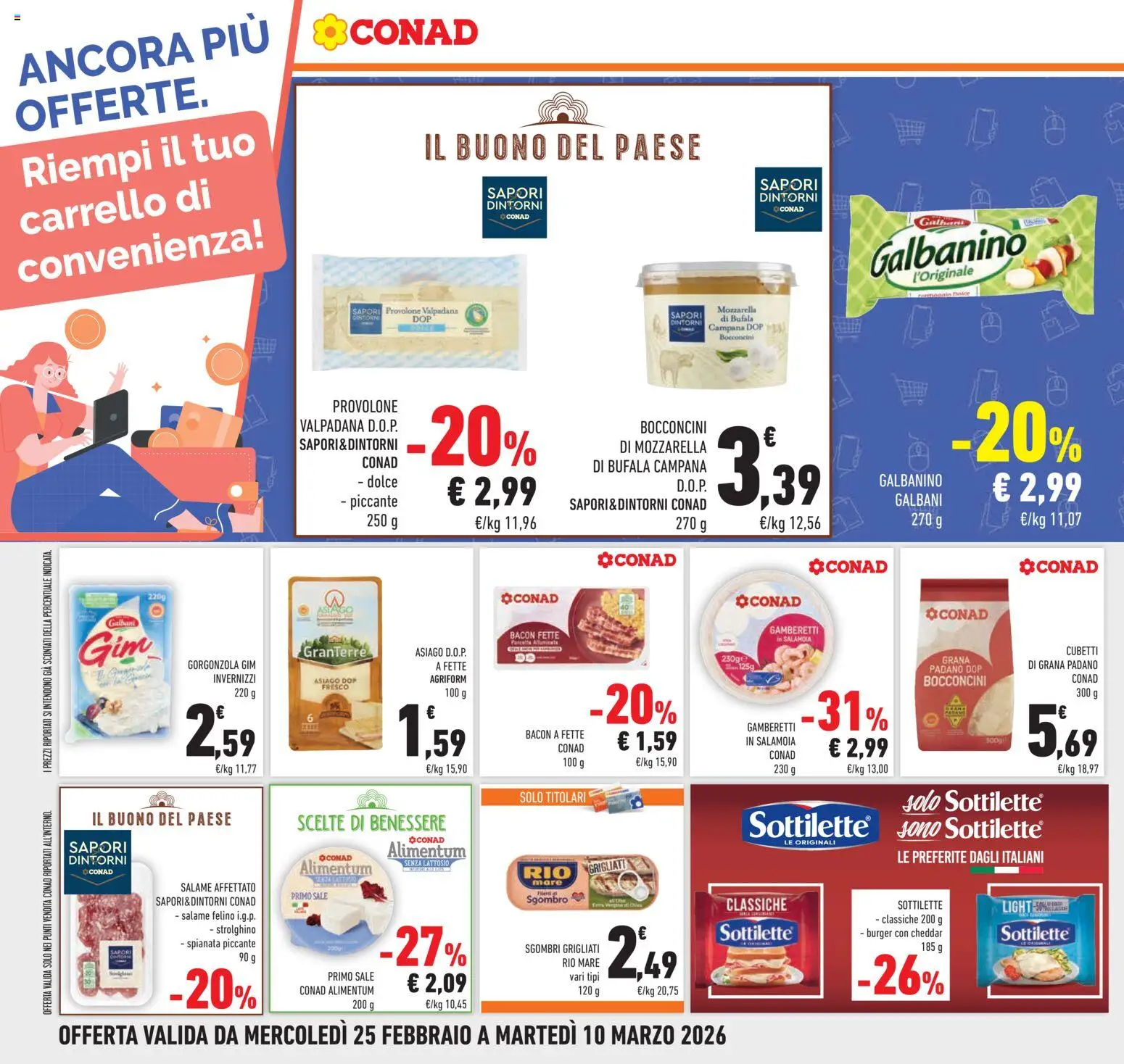 Volantino Conad del 25.02.2026 | Pagina: 24 | Prodotti: Salame, Mozzarella, Sgombro, Gamberetti