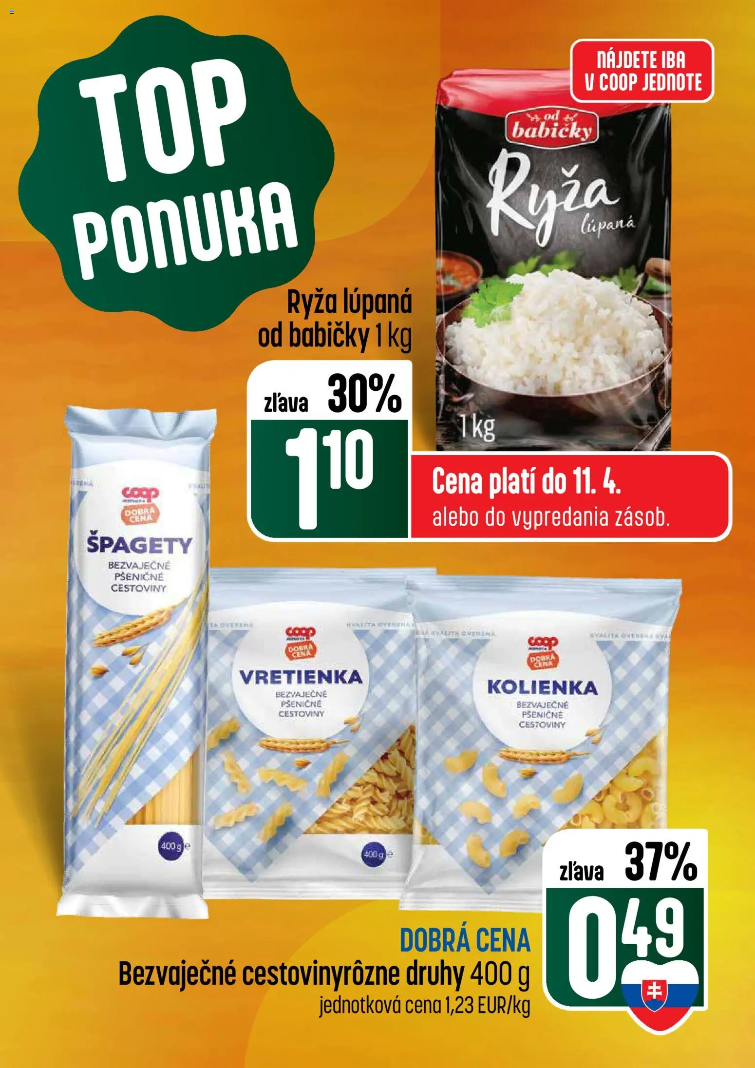Nové COOP Jednota akcie – leták je platný od 09.04.2026 | Strana: 3 | Produkty: Ryža, Cestoviny, Špagety