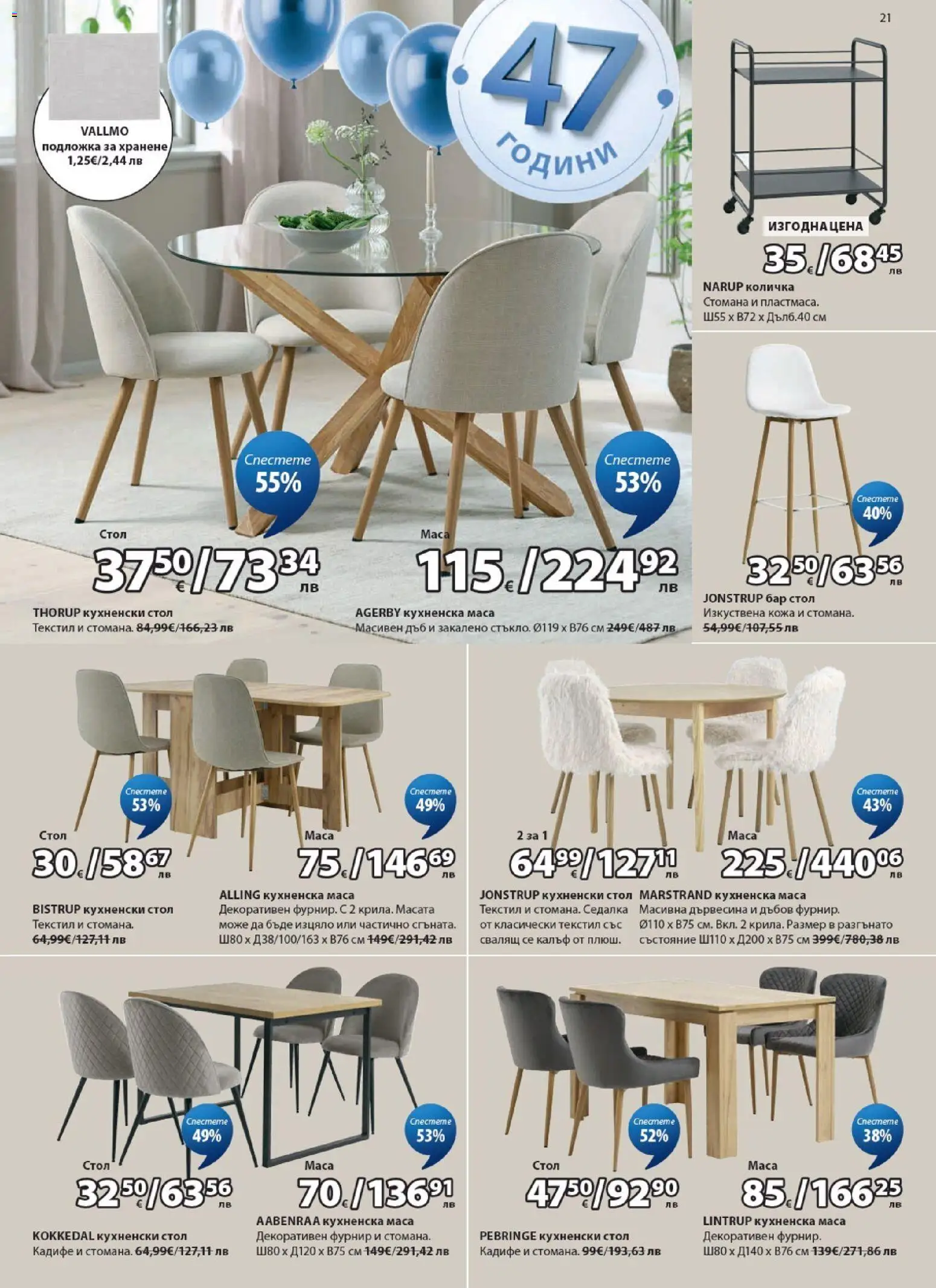 {H1} | Страница: 21 | Продукти: Количка, Маса, Стол, Подложка