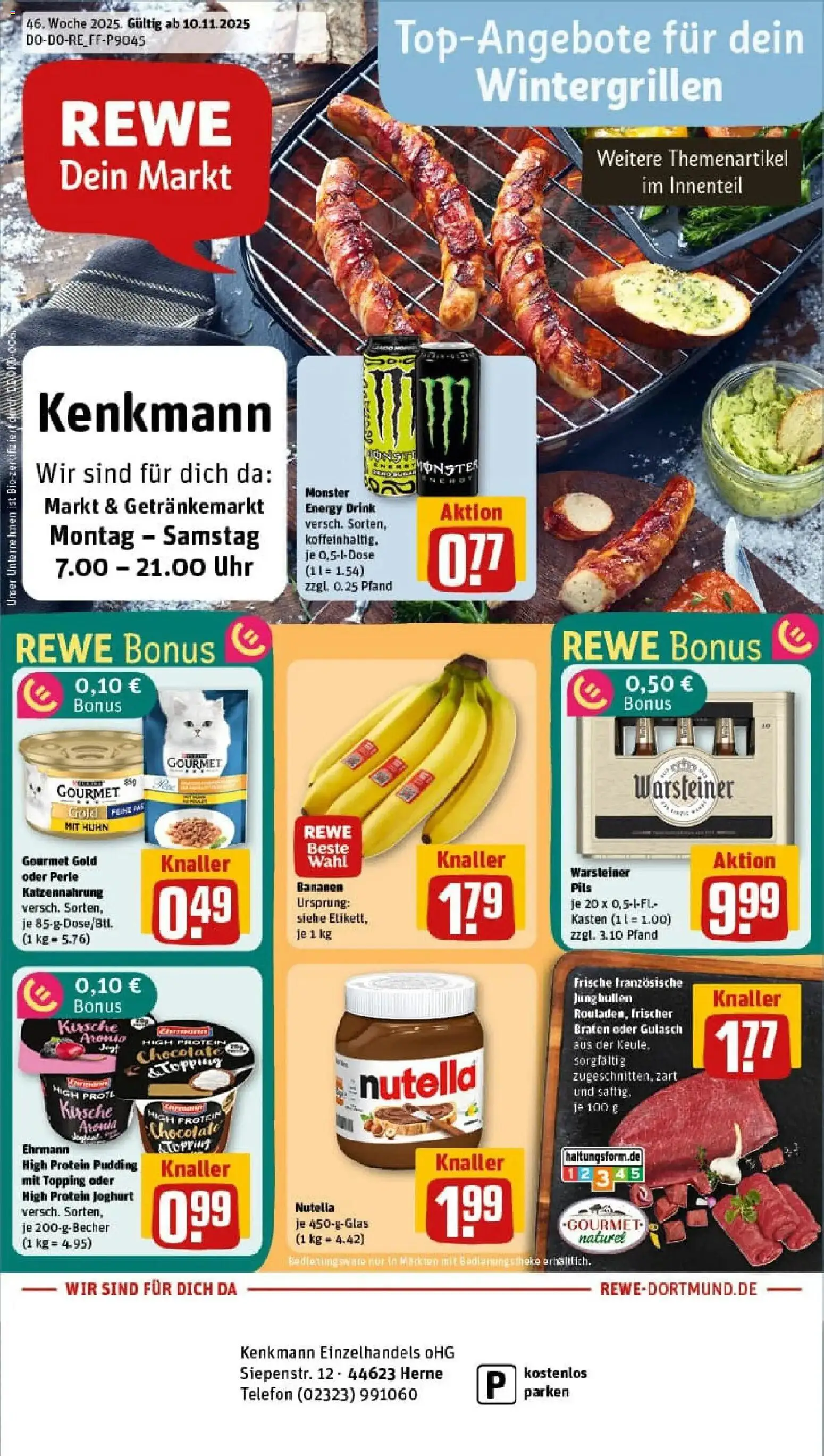 Rewe prospekt Herne	 – gültig ab 10.11.2025 | Seite: 1 | Produkte: Energy, Bananen, Gulasch, Telefon