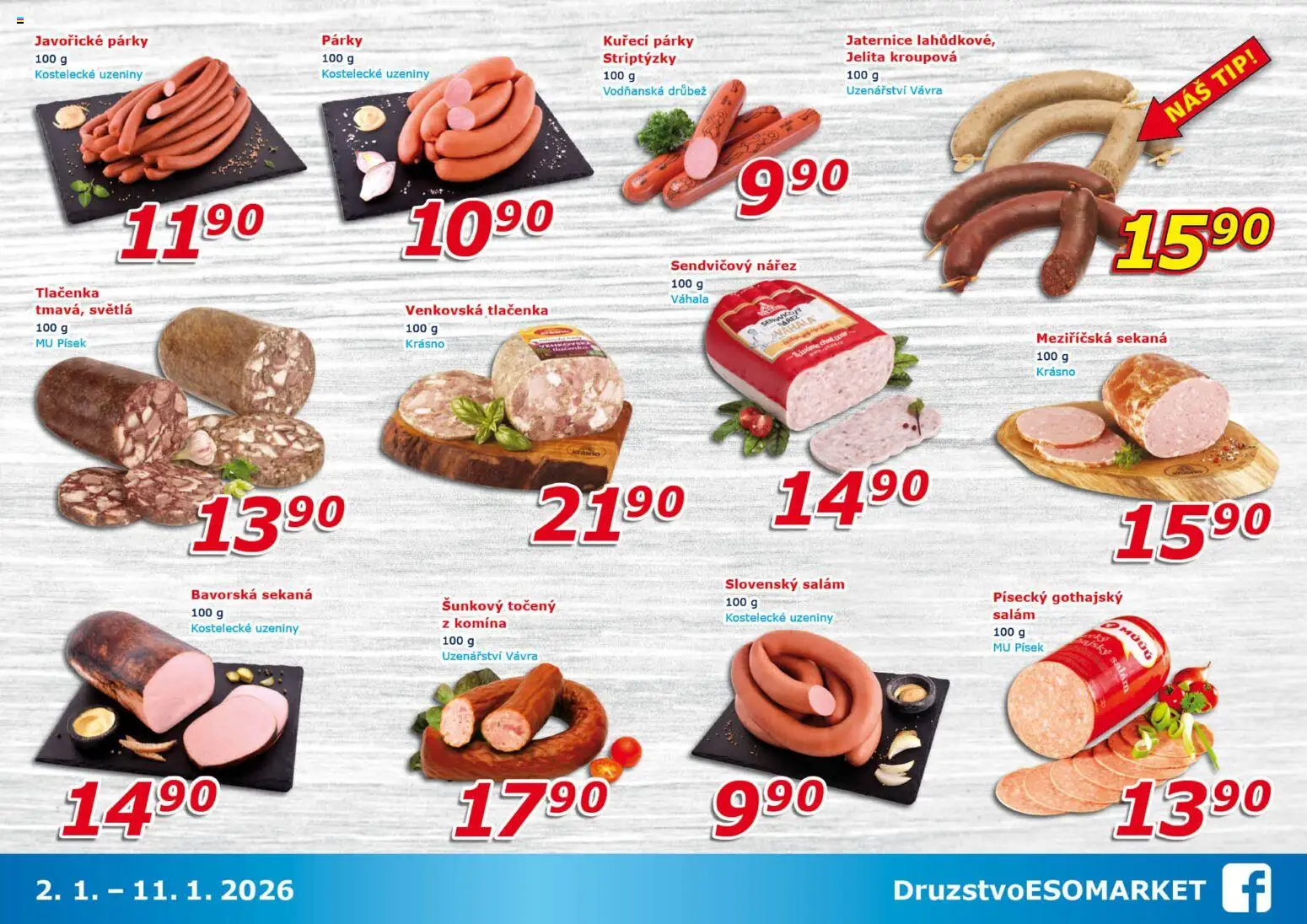 Eso market leták od 02.01.2026 | Strana: 3 | Produkty: Salám, Sekaná, Uzeniny, Tlačenka