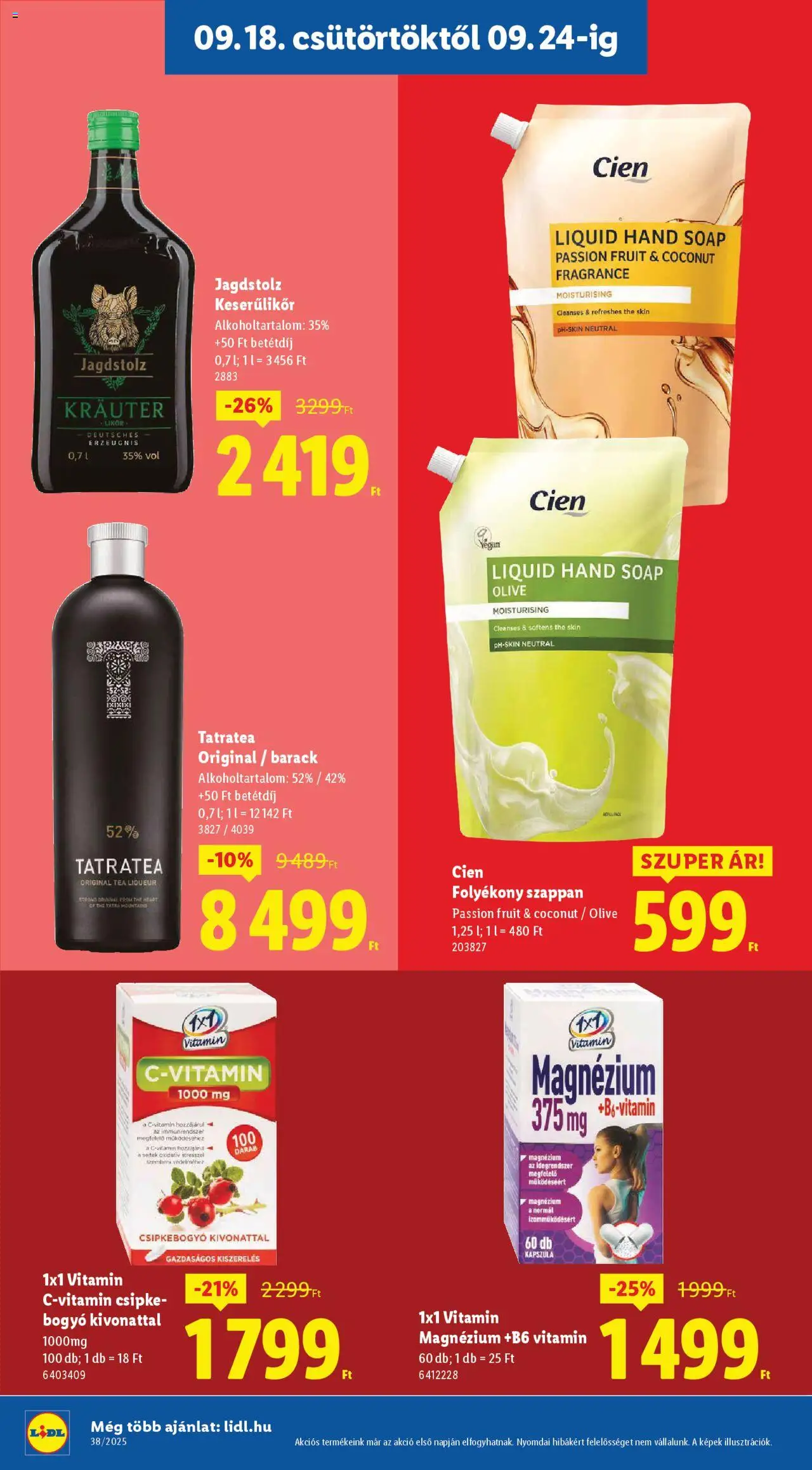 Lidl akciós ujság - amely érvényes a következő dátumtól: 18.09.2025 | Oldal: 24 | Termékek: Vitamin c, Szappan, Vegán, Likőr