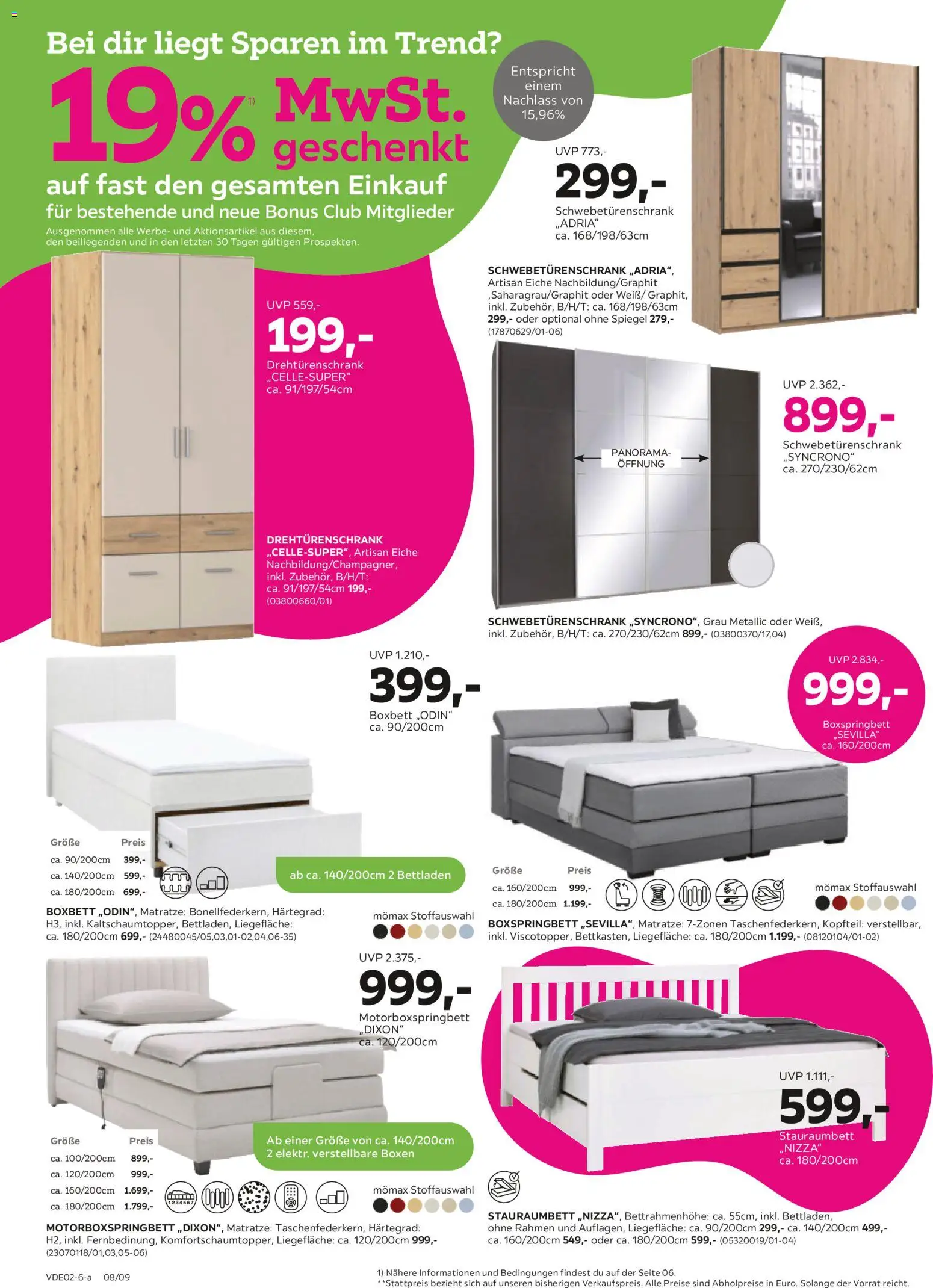 Mömax 19% MwSt. geschenkt auf fast den gesamten Einkauf – gültig ab 26.01.2026 | Seite: 8 | Produkte: Matratze, Schwebetürenschrank, Drehtürenschrank, Boxspringbett