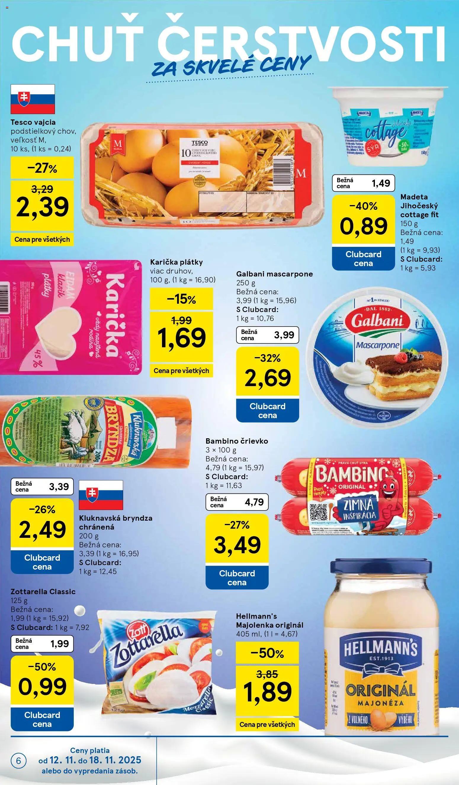 Nové Tesco akcie – leták je platný od 12.11.2025 | Strana: 6 | Produkty: Vajcia, Eidam, Mozzarella, Mascarpone