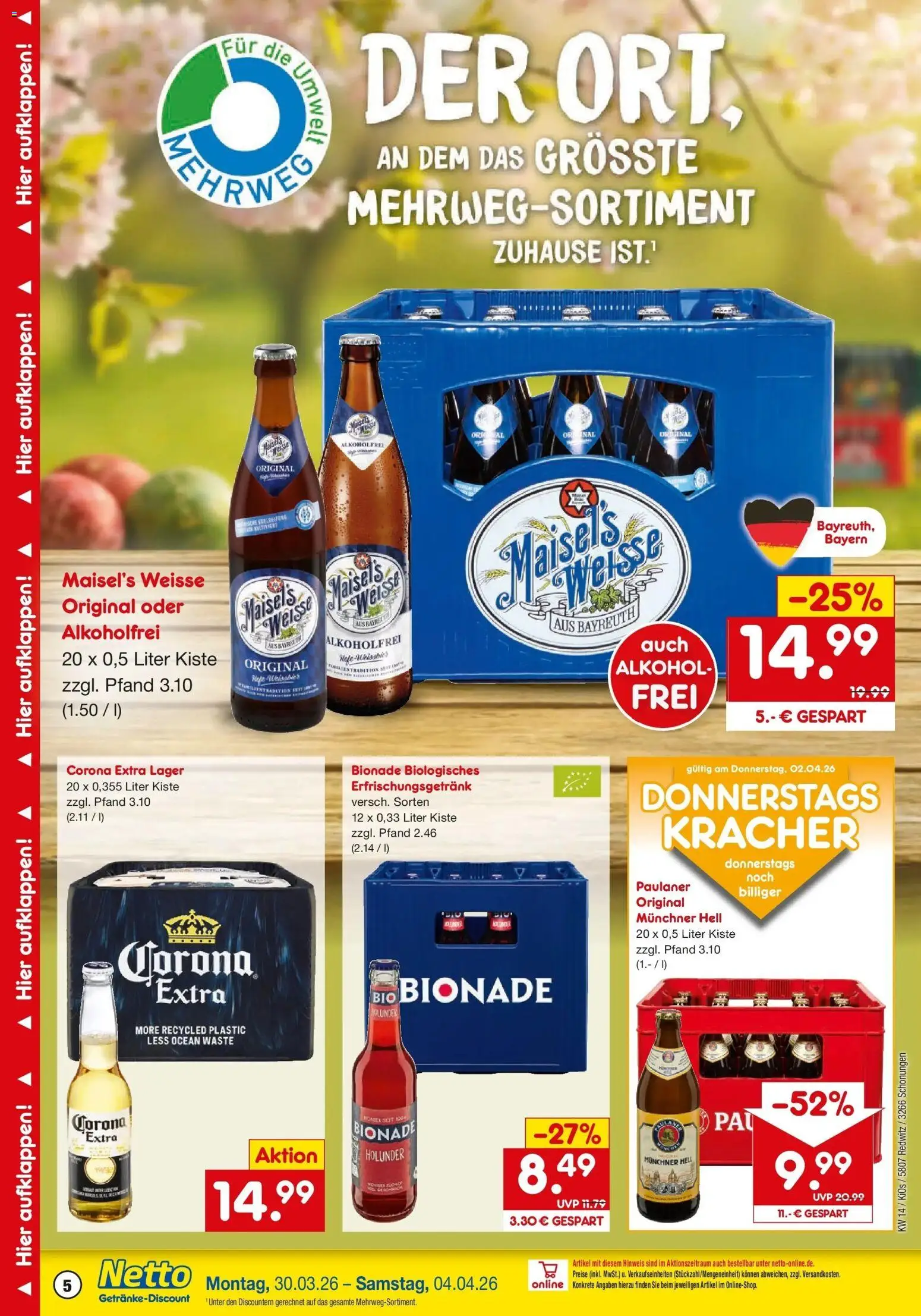 Netto Marken-Discount Prospekt Schonungen	 – gültig ab 30.03.2026 | Seite: 5 | Produkte: Weißbier, Bionade, Paulaner