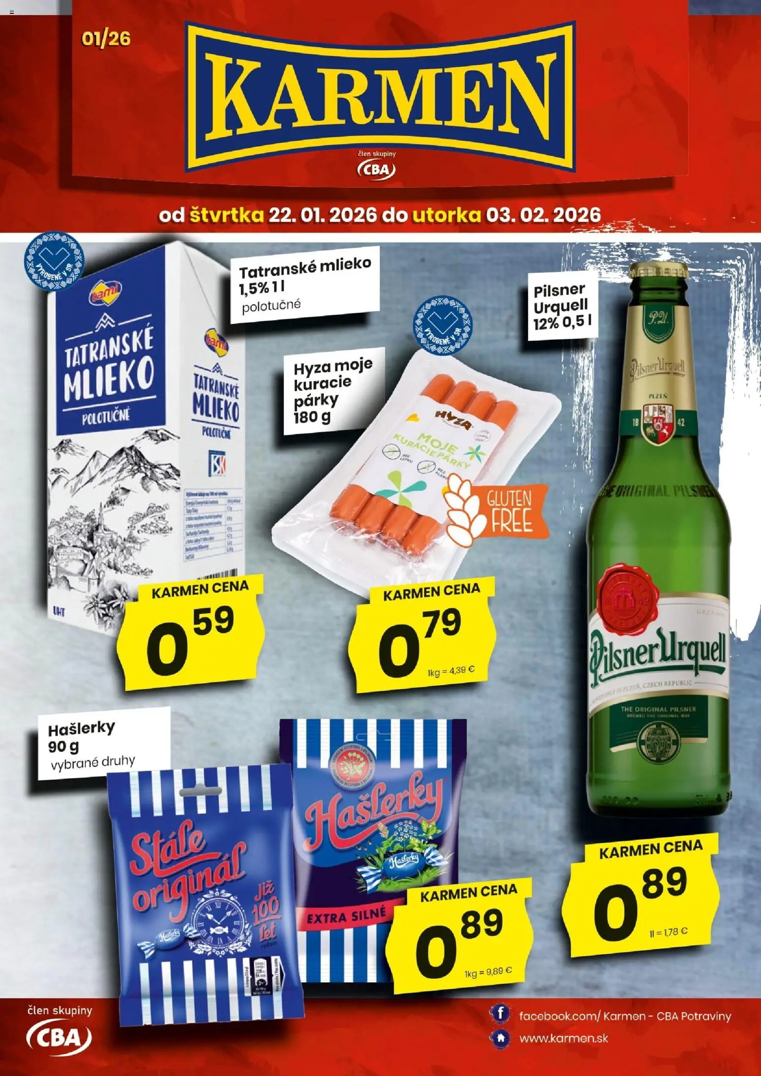 Nové KARMEN CBA akcie – leták je platný od 22.01.2026 | Strana: 1 | Produkty: Mlieko, Pilsner Urquell, Párky