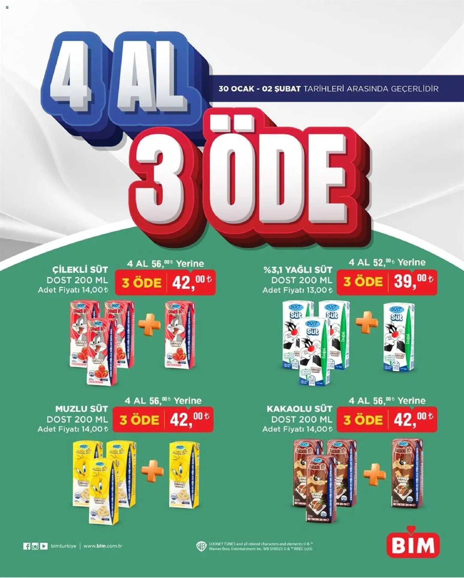 BİM - 4 Al 3 Öde, İndirim - 30.01.2026 tarihinden itibaren geçerlidir | Sayfa: 1 | Ürünler: Süt, Ocak