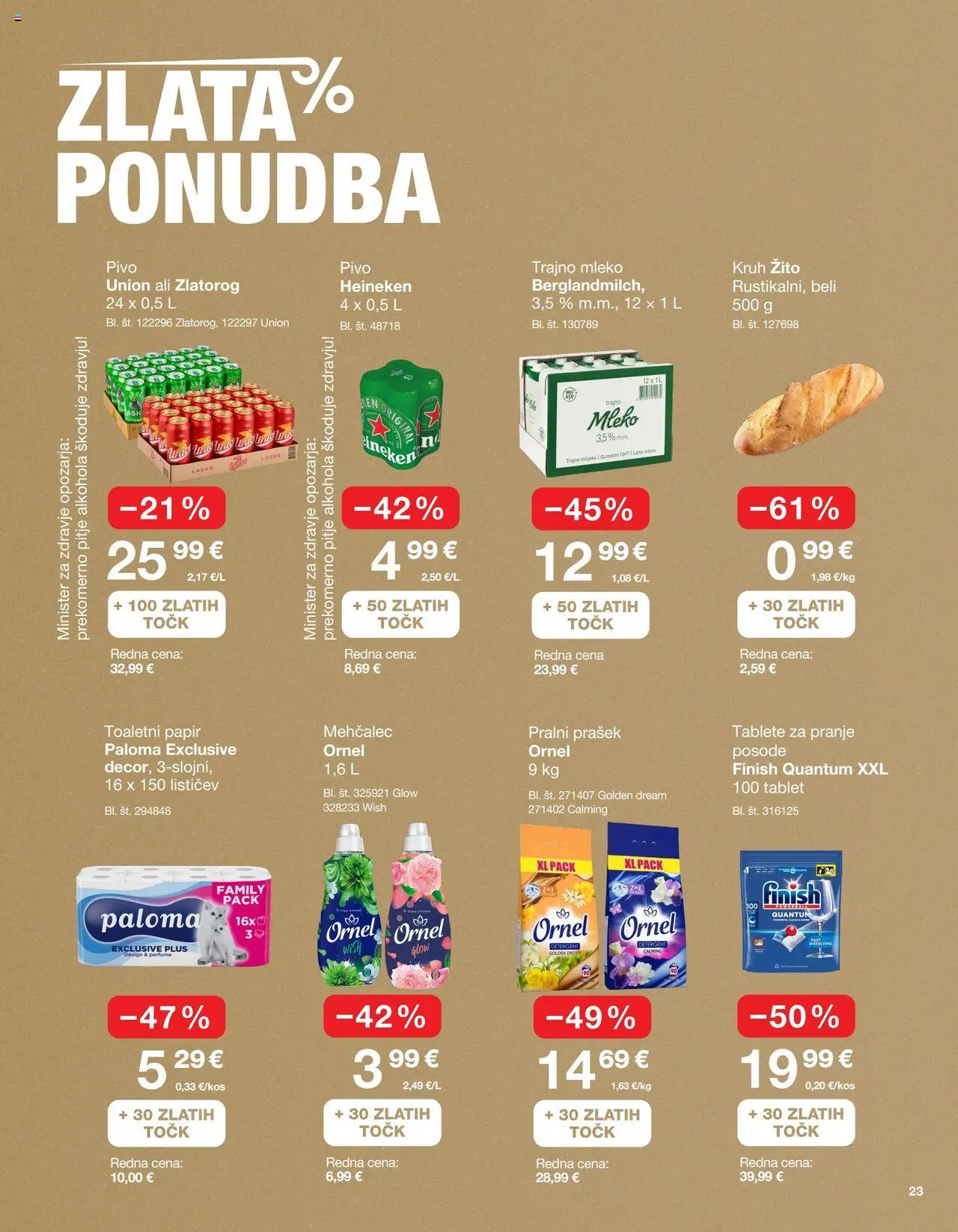 Novi Petrol katalog ponudbe – veljaven od 01.09.2025 | Stran: 23 | Izdelki: Mehčalec, Toaletni papir, Mleko, Kruh