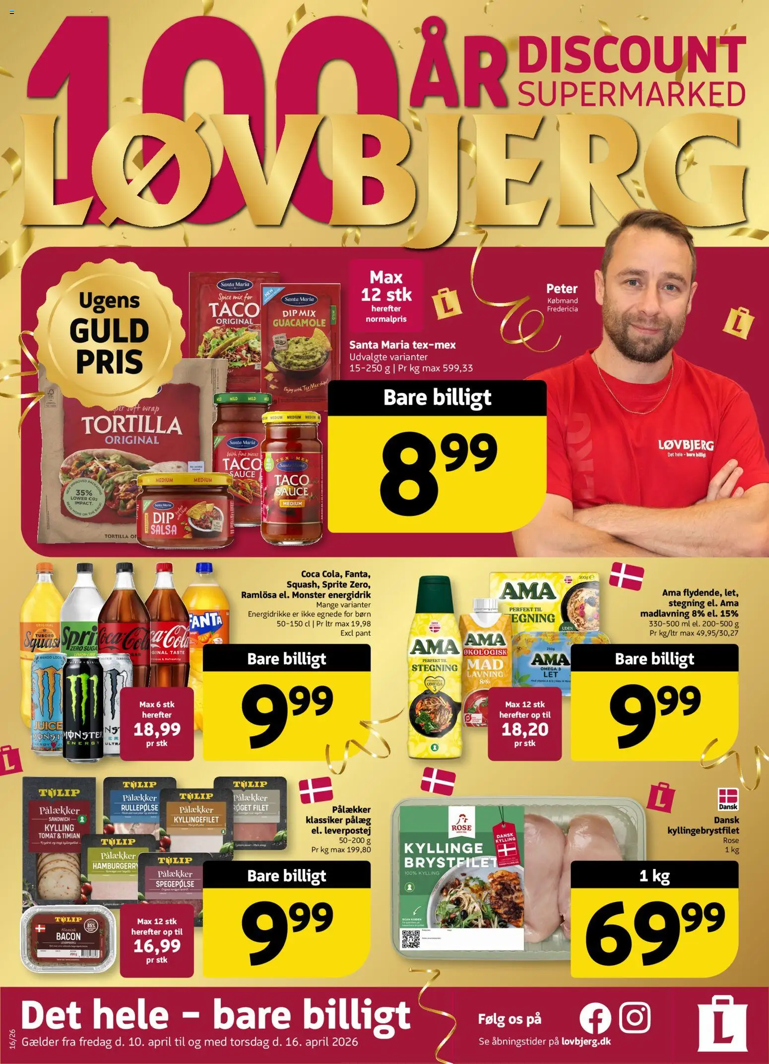 Løvbjerg tilbudsavis – gyldig fra 10.04.2026 | Side: 1 | Produkter: Spegepølse, Leverpostej, Salsa, Energidrikke
