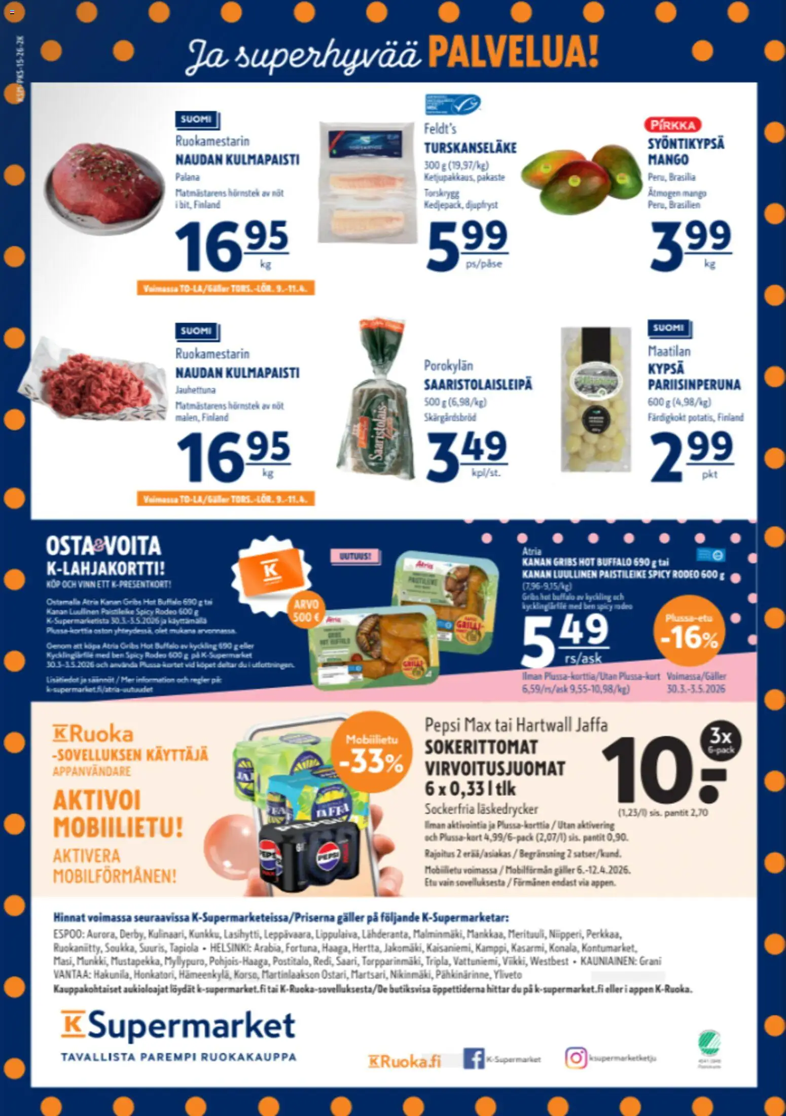 K-Supermarket tarjoukset – voimassa 09.04.2026 alkaen | Sivu: 4 | Tuotteet: Grilli, Mango, Virvoitusjuomat, Pepsi