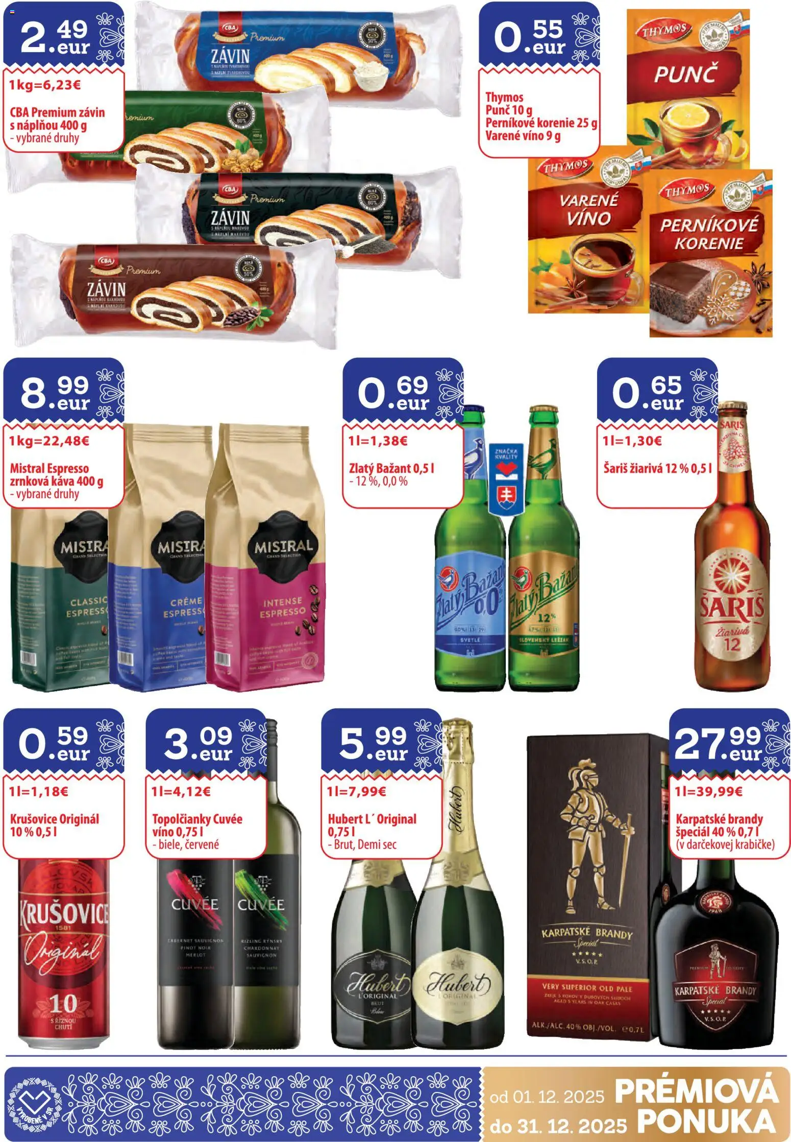 Nové CBA Komfos akcie – leták je platný od 01.12.2025 | Strana: 29 | Produkty: Šariš, Brandy, Korenie, Zrnková káva