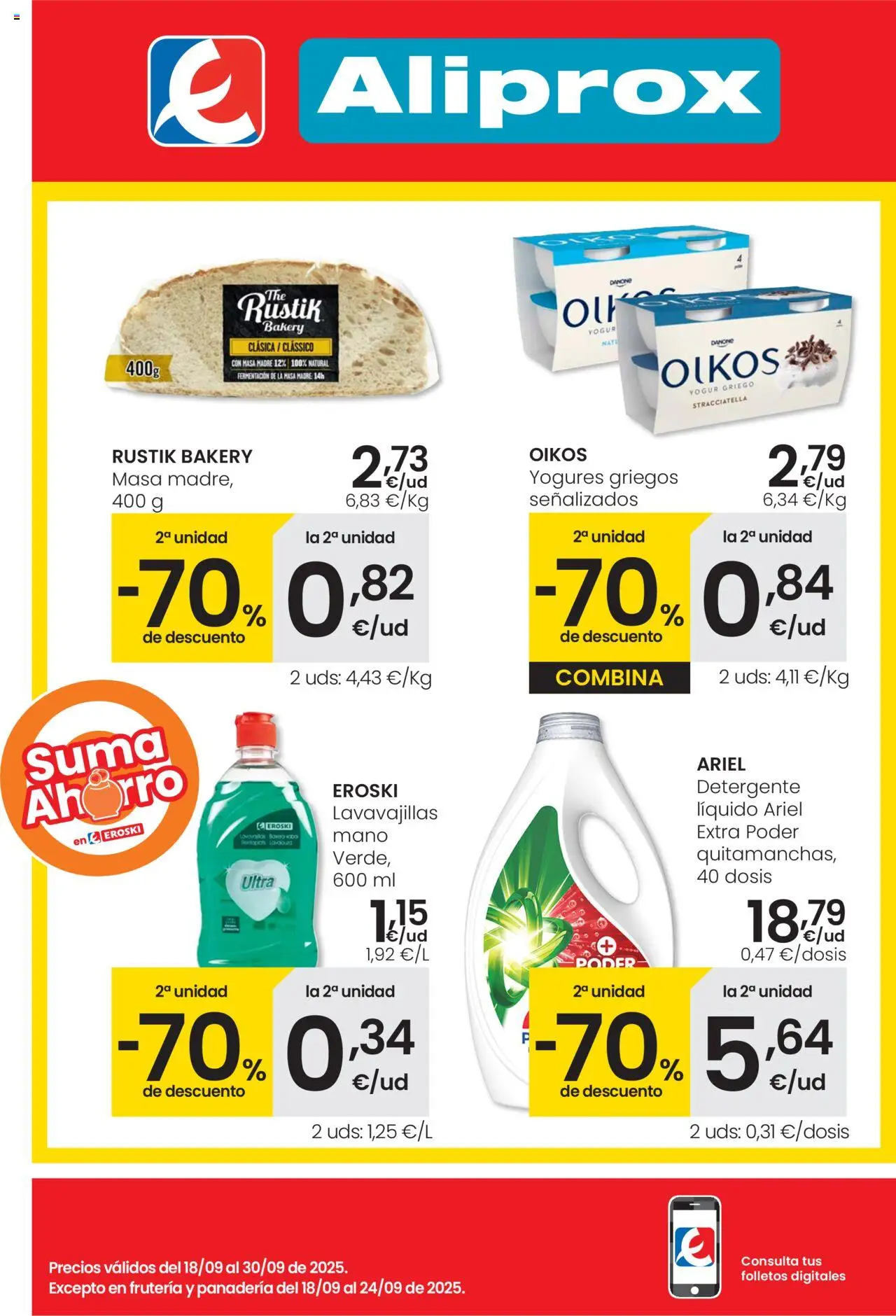 Eroski -  Aliprox │ válido desde el 18.09.2025 | Página: 1 | Productos: Detergente, Μαγειρική εστία, Lavavajillas, Panadería